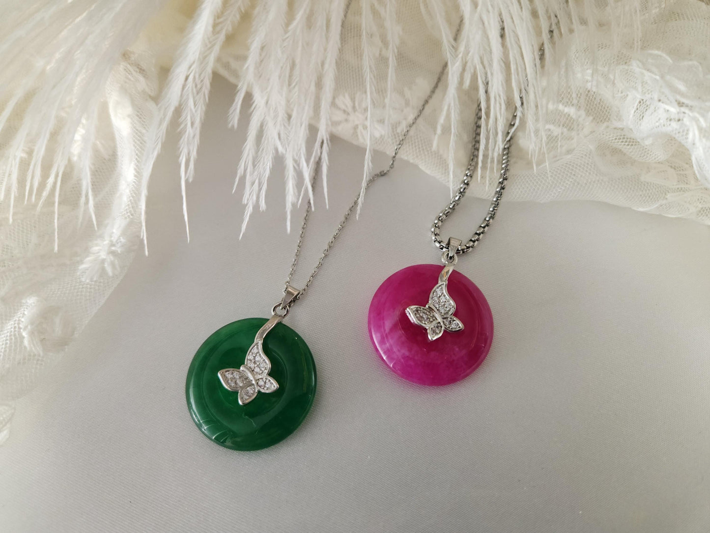Gold Filled -Silver Natural Green Pink Jade Necklace, Good Luck Pendant, WATERPROOF Adjustable Chains.