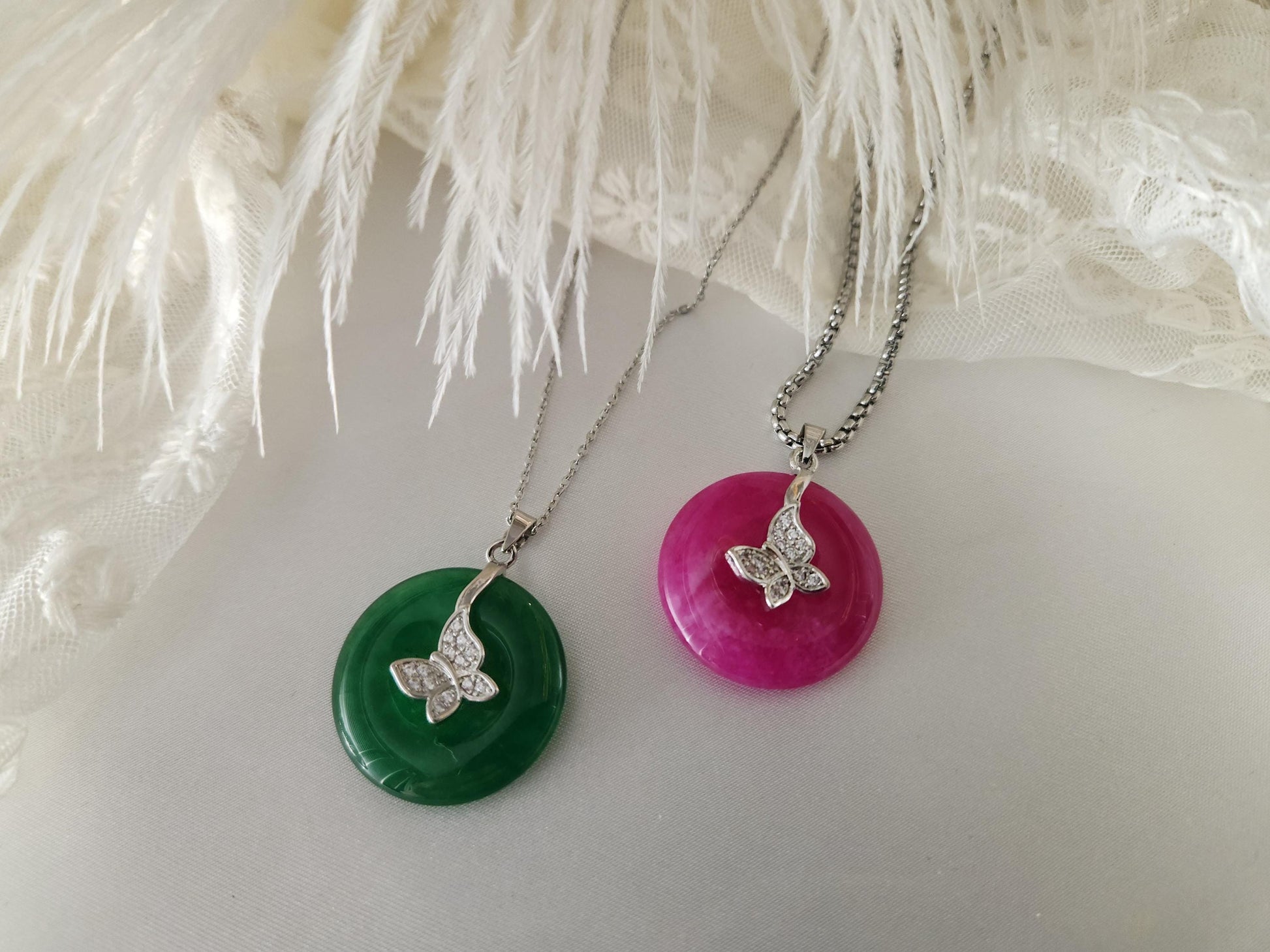 Gold Filled -Silver Natural Green Pink Jade Necklace, Good Luck Pendant, WATERPROOF Adjustable Chains.