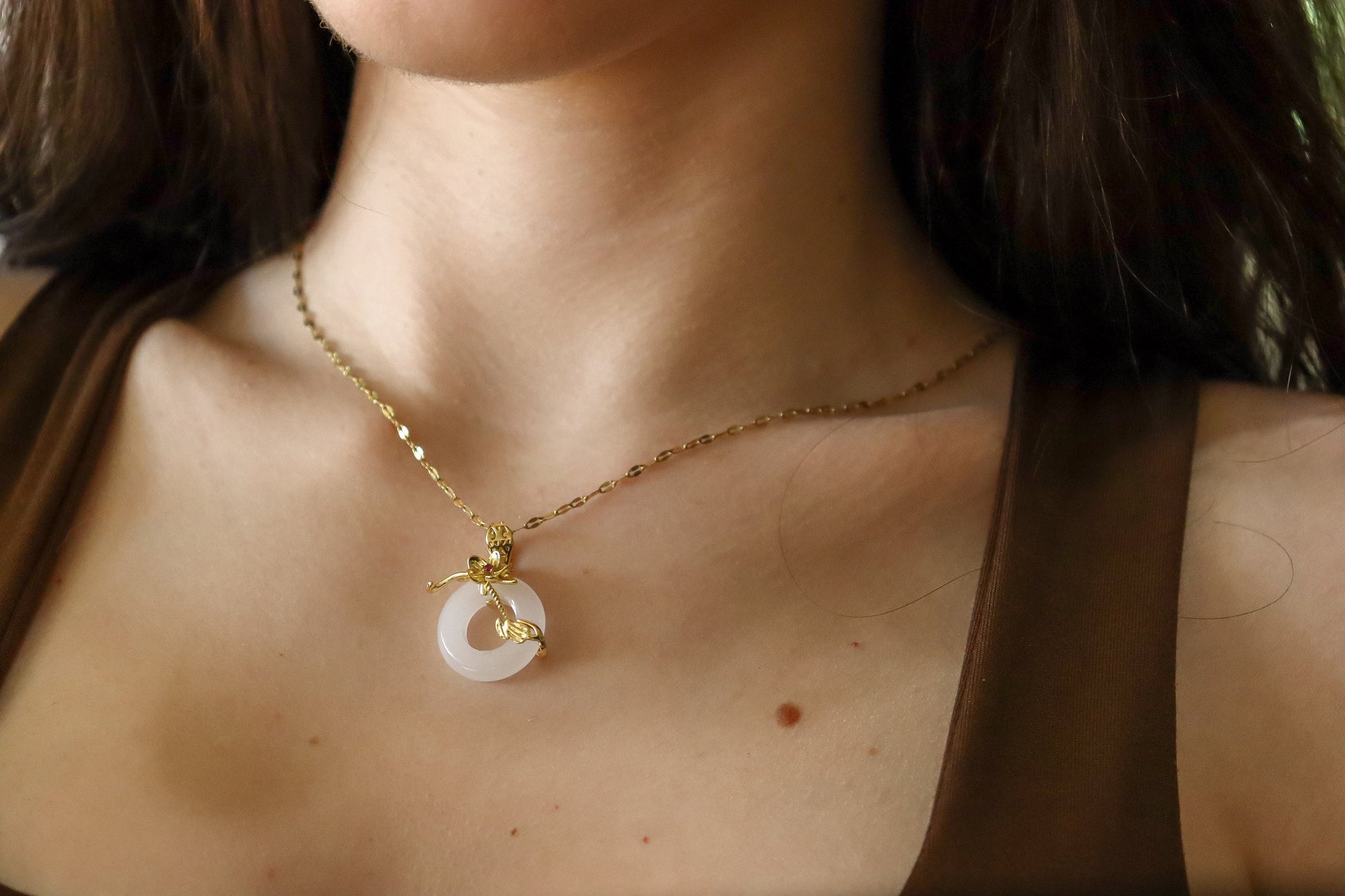 Gold Natural Circle Flower Jade Necklace, WATERPROOF Adjustable Chains.