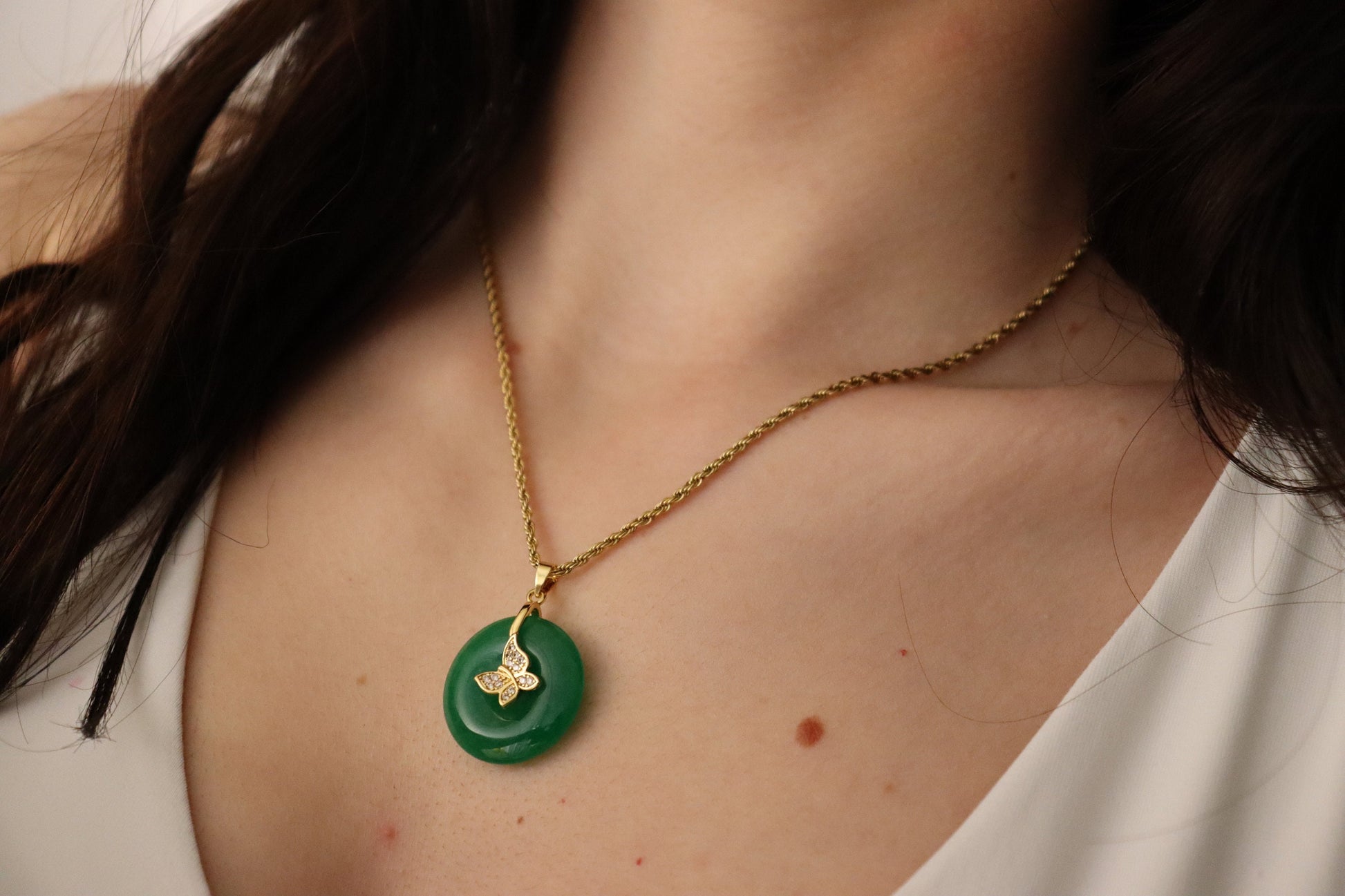 Gold Filled -Silver Natural Green Pink Jade Necklace, Good Luck Pendant, WATERPROOF Adjustable Chains.