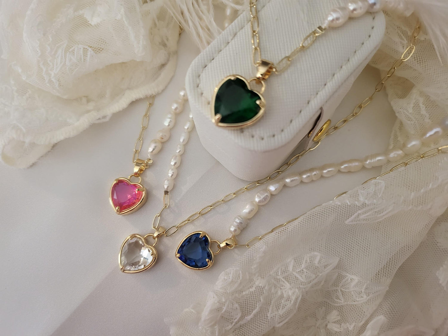 14K Gold Heart Necklace ,Red, Lavender, Green, Pink, Red Heart, WATERPROOF Delicate Chains.