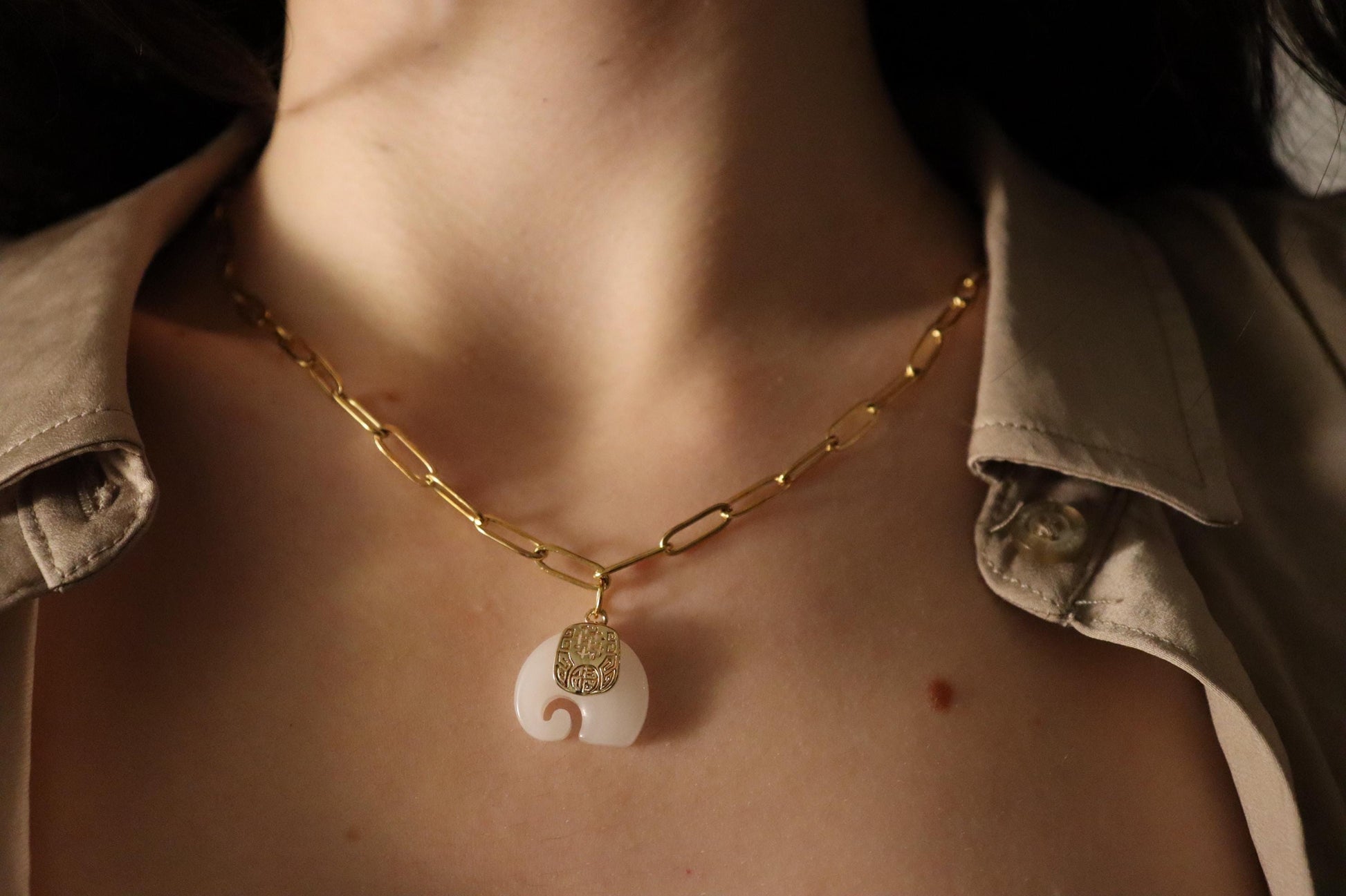 White Jade Necklace, WATERPROOF Adjustable Chains.