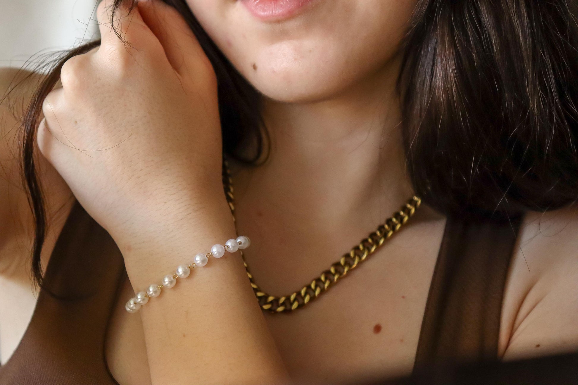 Gold Filled White Round Pearl Bracelet, Waterproof.