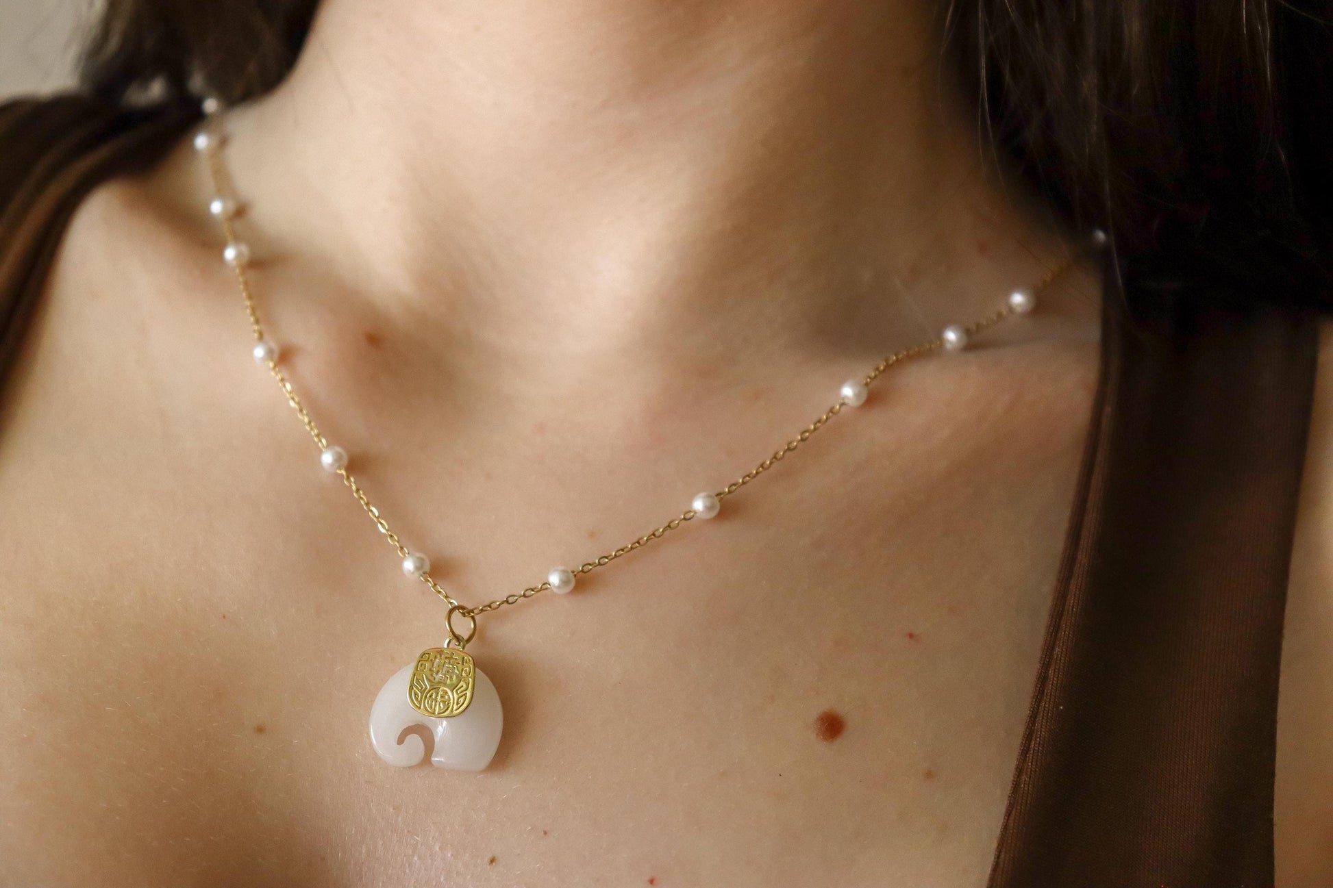 White Jade Necklace, WATERPROOF Adjustable Chains.