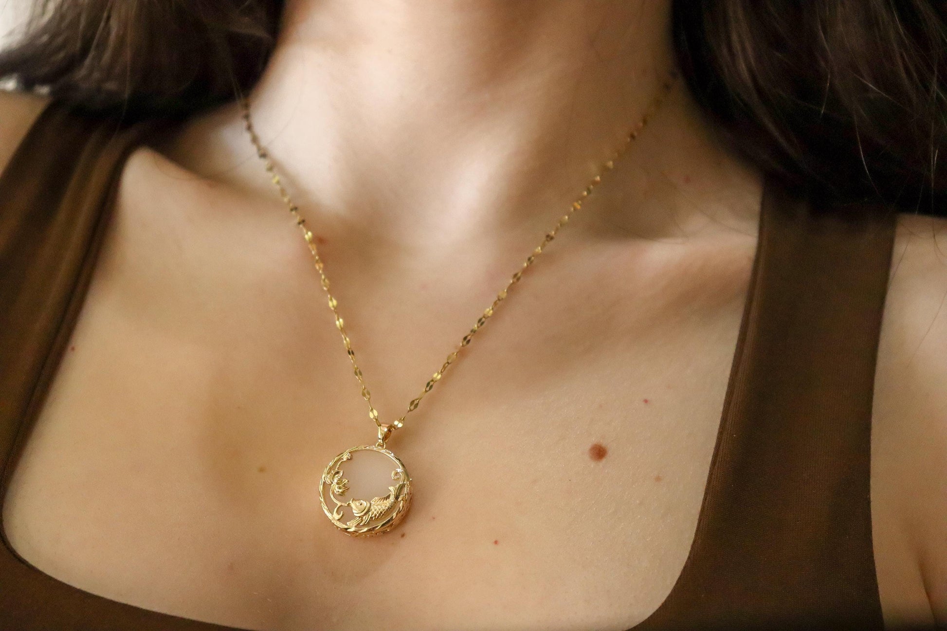 White Jade Necklace, WATERPROOF Adjustable Chains.