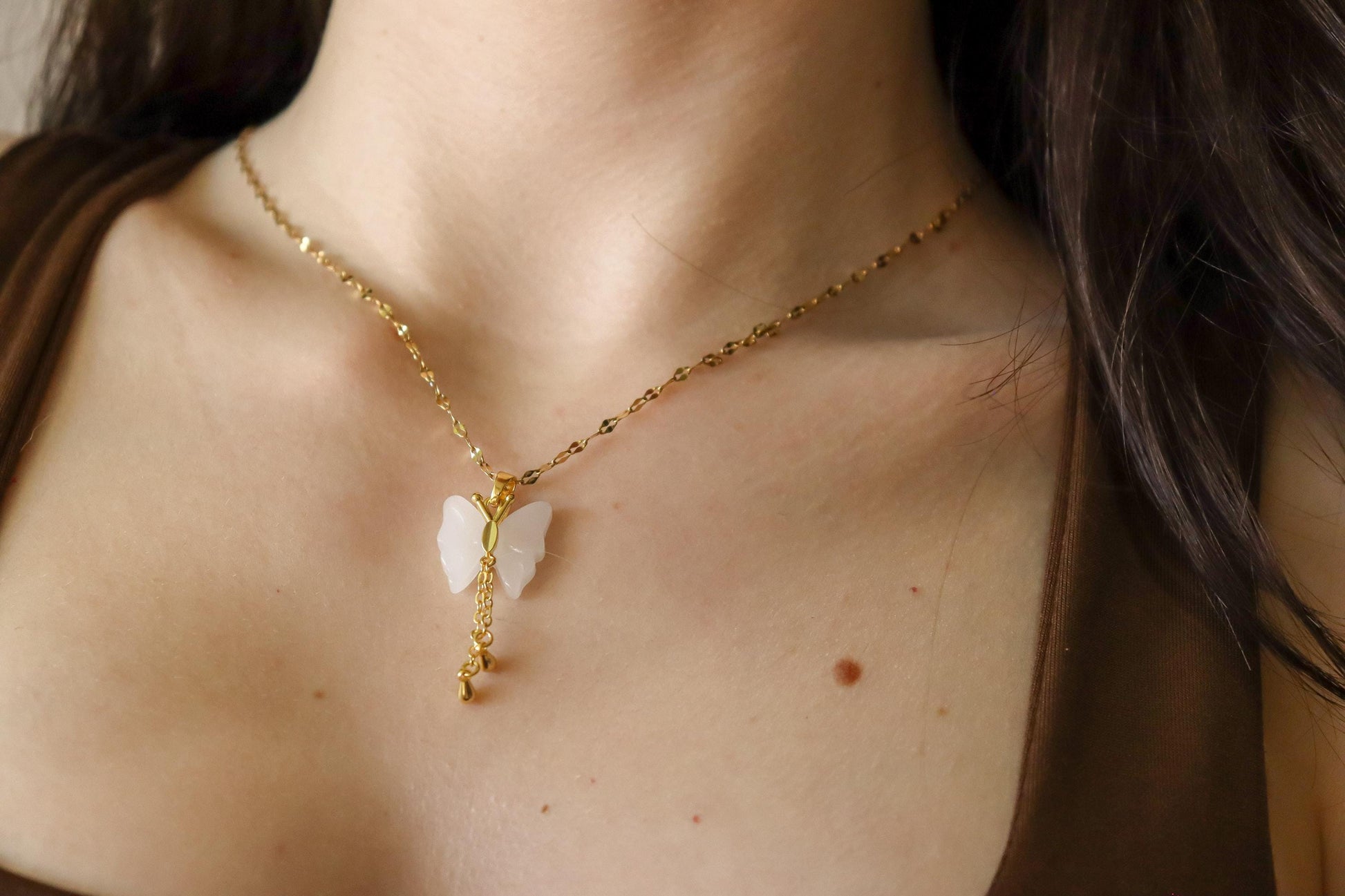 Gold Butterfly Jade Necklace, WATERPROOF Chains, Gifts for Her.