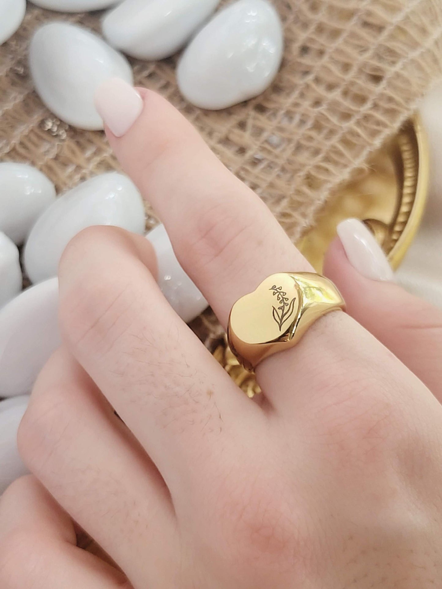 Gold Engraved Heart Ring ,Engraved Birth month Flower, Personalized Gift, Waterproof , High Quality.