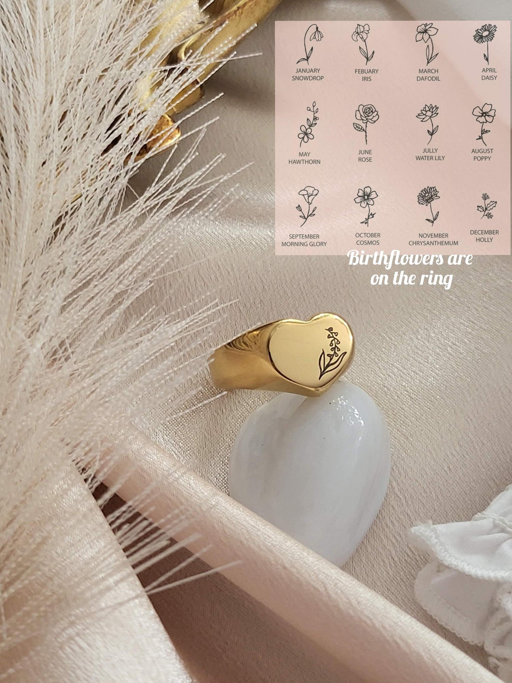 Gold Engraved Heart Ring ,Engraved Birth month Flower, Personalized Gift, Waterproof , High Quality.
