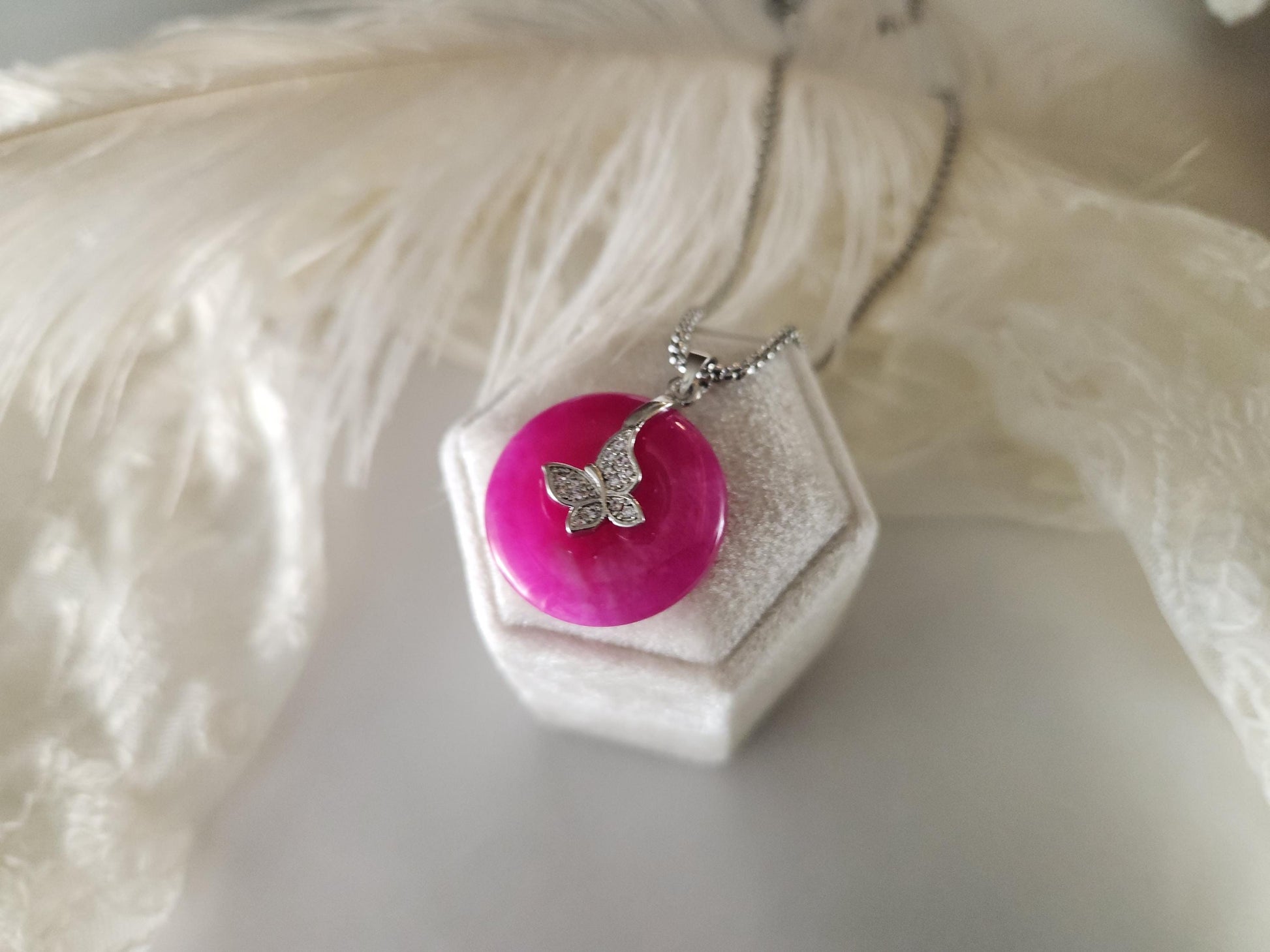 Gold Filled -Silver Natural Green Pink Jade Necklace, Good Luck Pendant, WATERPROOF Adjustable Chains.