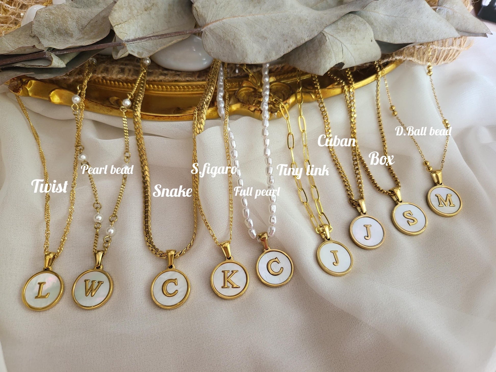 Gold Filled Mother of Pearl Round Initial Name Necklace, Birthday Gift.