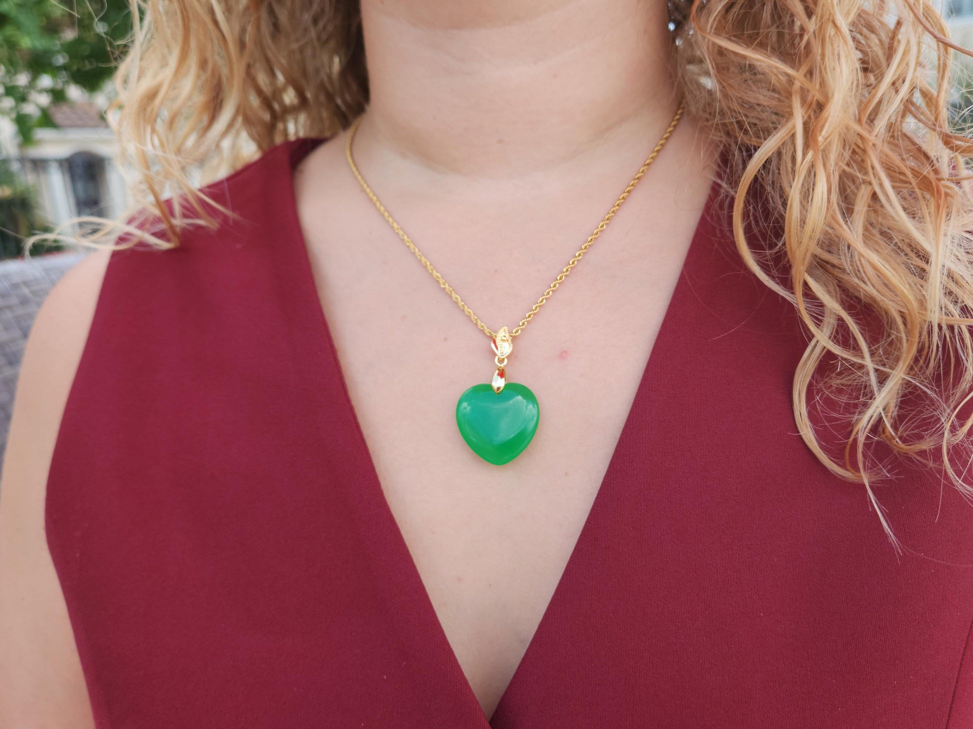 Gold Filled Green Natural Heart Jade Necklace, WATERPROOF Adjustable Chains.
