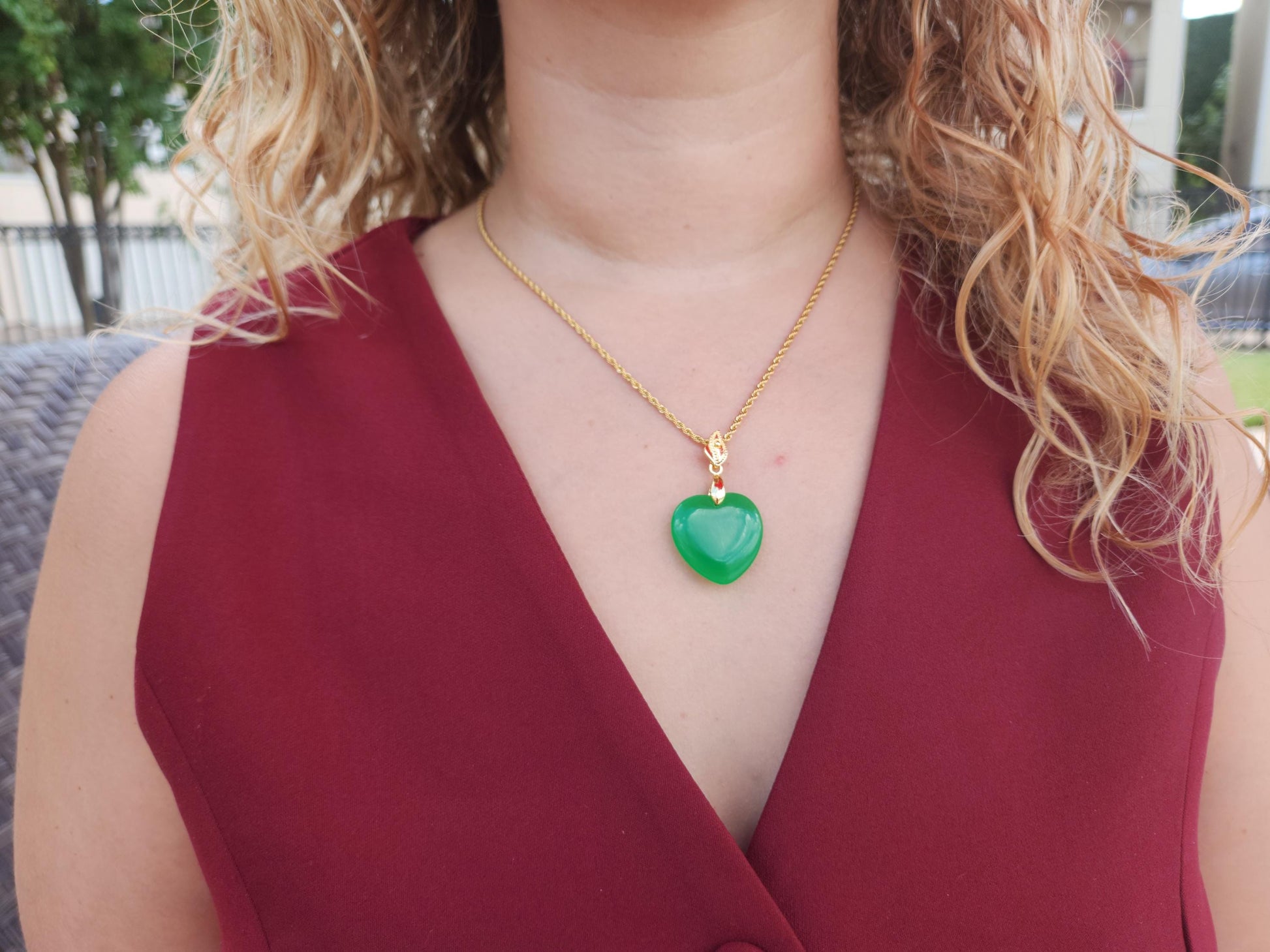 Gold Filled Green Natural Heart Jade Necklace, WATERPROOF Adjustable Chains.