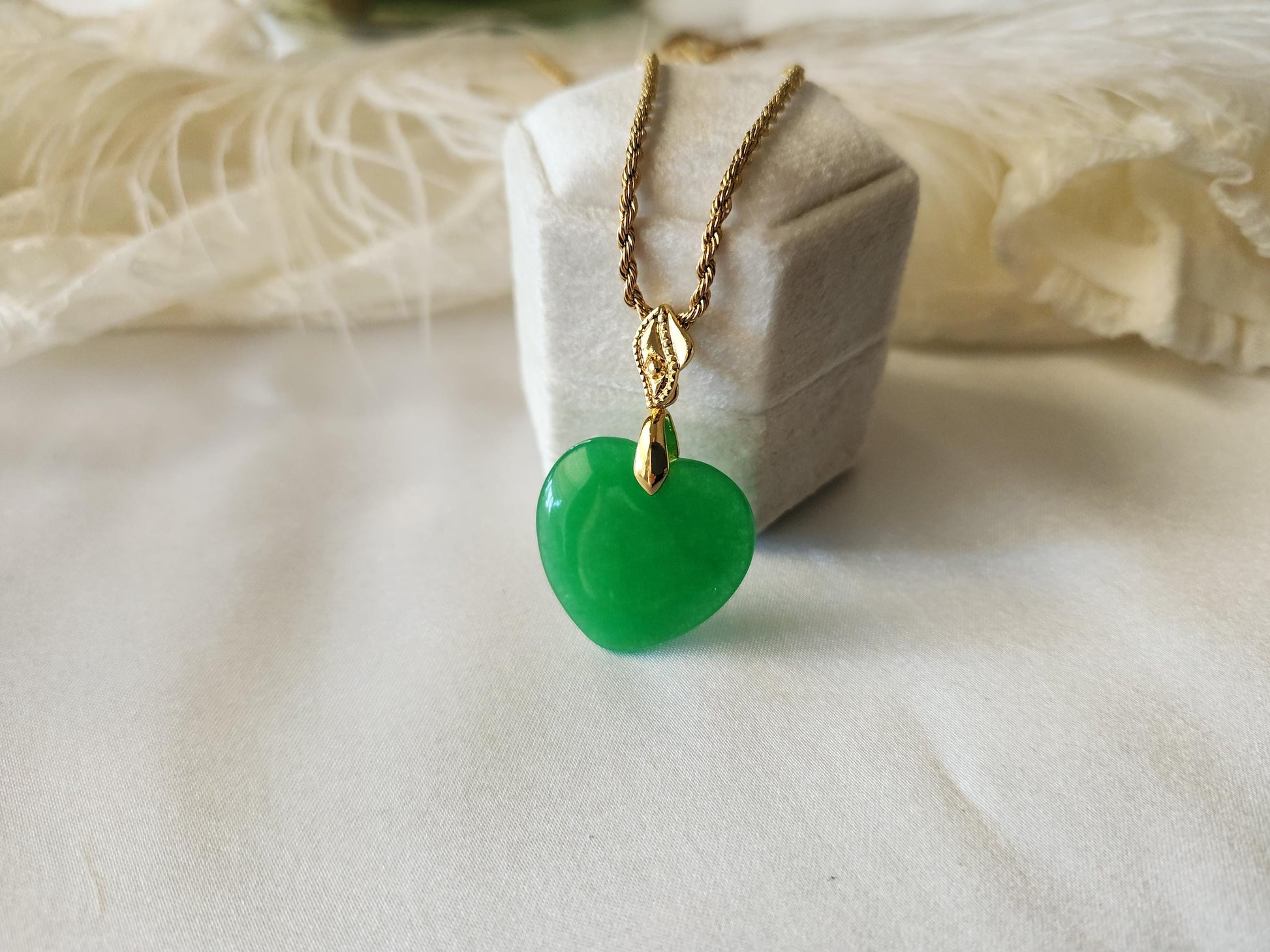 Gold Filled Green Natural Heart Jade Necklace, WATERPROOF Adjustable Chains.