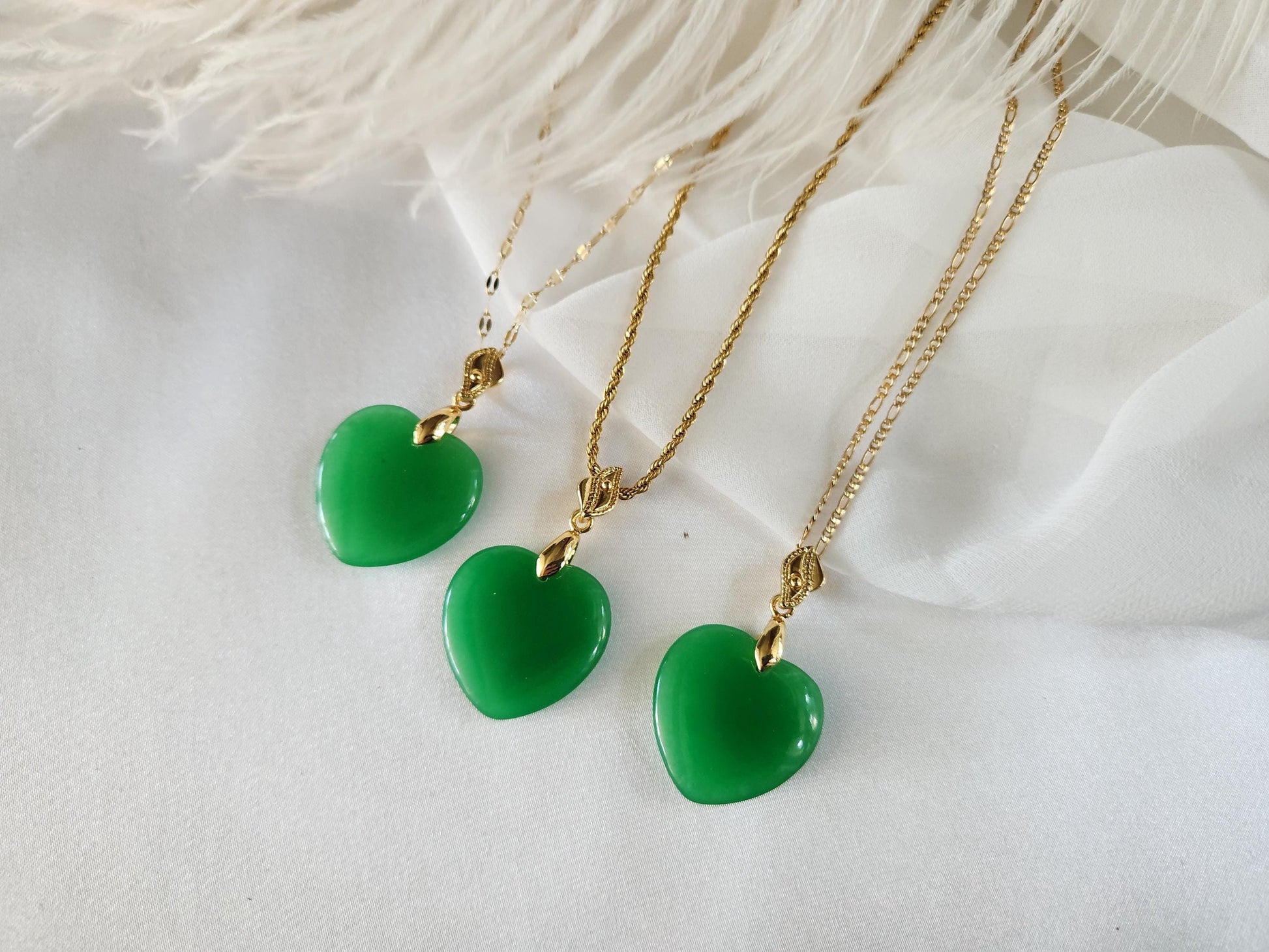Gold Filled Green Natural Heart Jade Necklace, WATERPROOF Adjustable Chains.