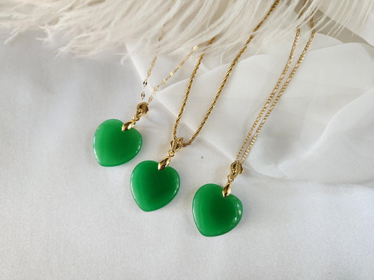 Gold Filled Green Natural Heart Jade Necklace, WATERPROOF Adjustable Chains.