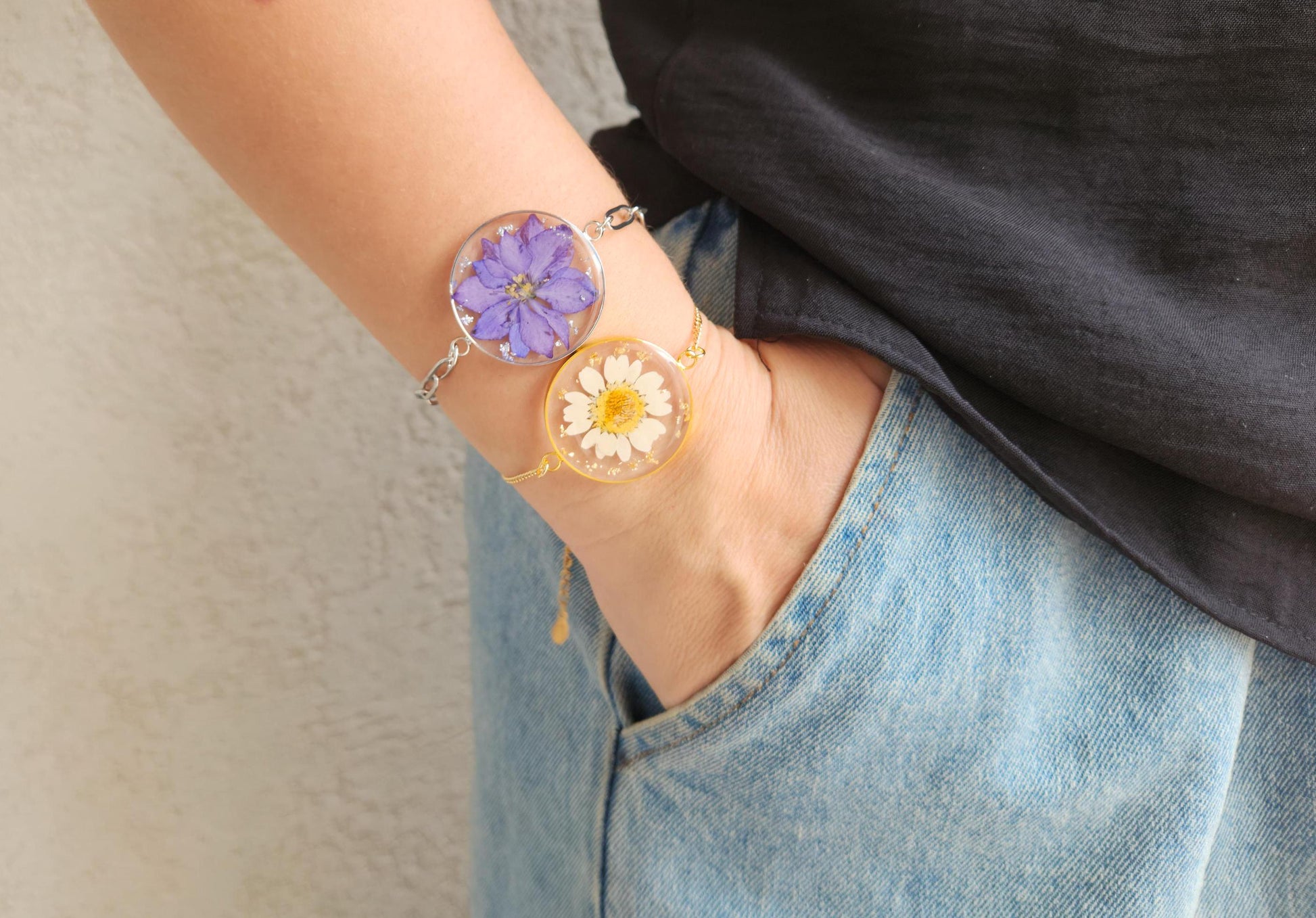 Gold -Silver Real Dried Birth Month Flower Bracelet, Memorial Christmas Gift , Birthday Gift.