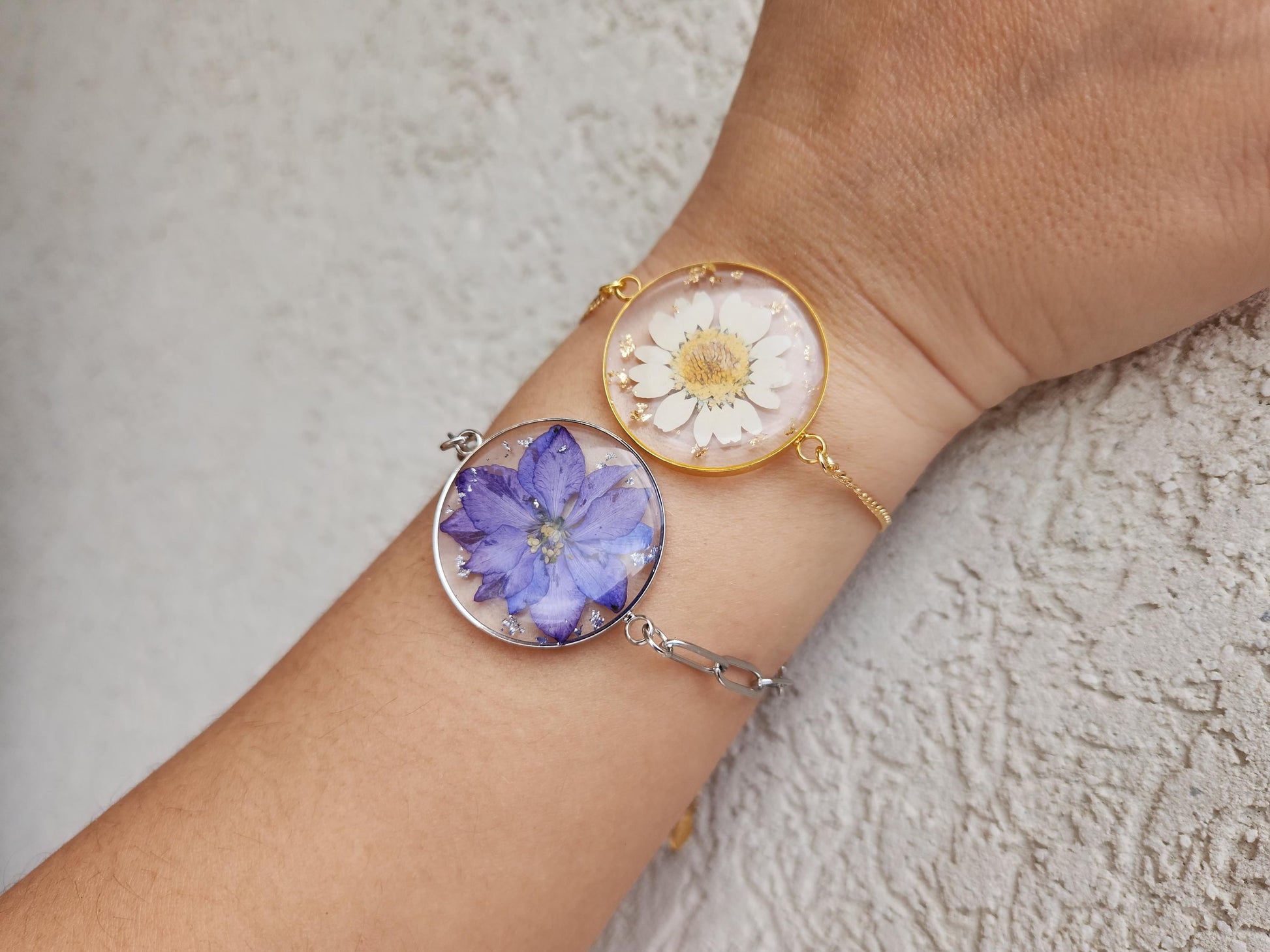 Gold -Silver Real Dried Birth Month Flower Bracelet, Memorial Christmas Gift , Birthday Gift.