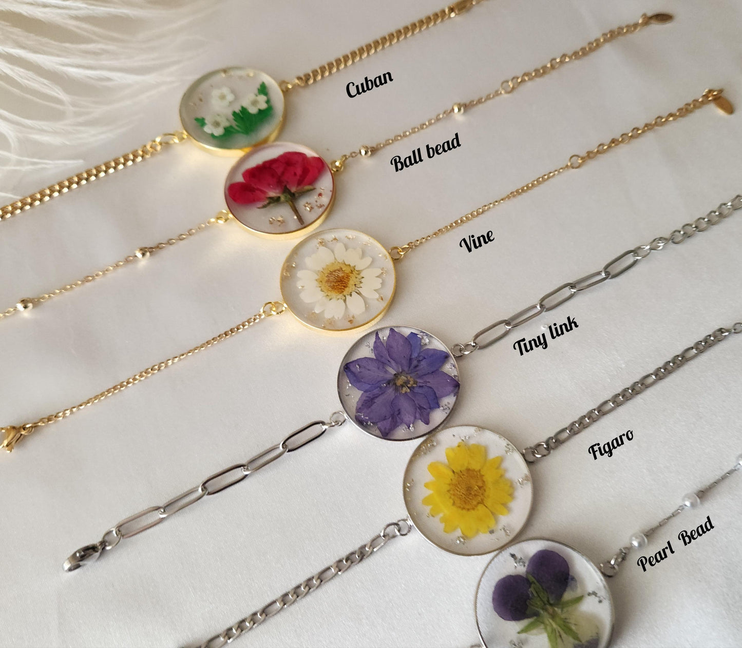 Gold -Silver Real Dried Birth Month Flower Bracelet, Memorial Christmas Gift , Birthday Gift.