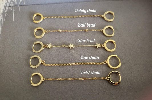 Gold FILLED- Silver Chain Earrings , Double Piercing Earrings , Connected Earrings , WATERPROOF ,Pair Connected Hoops .