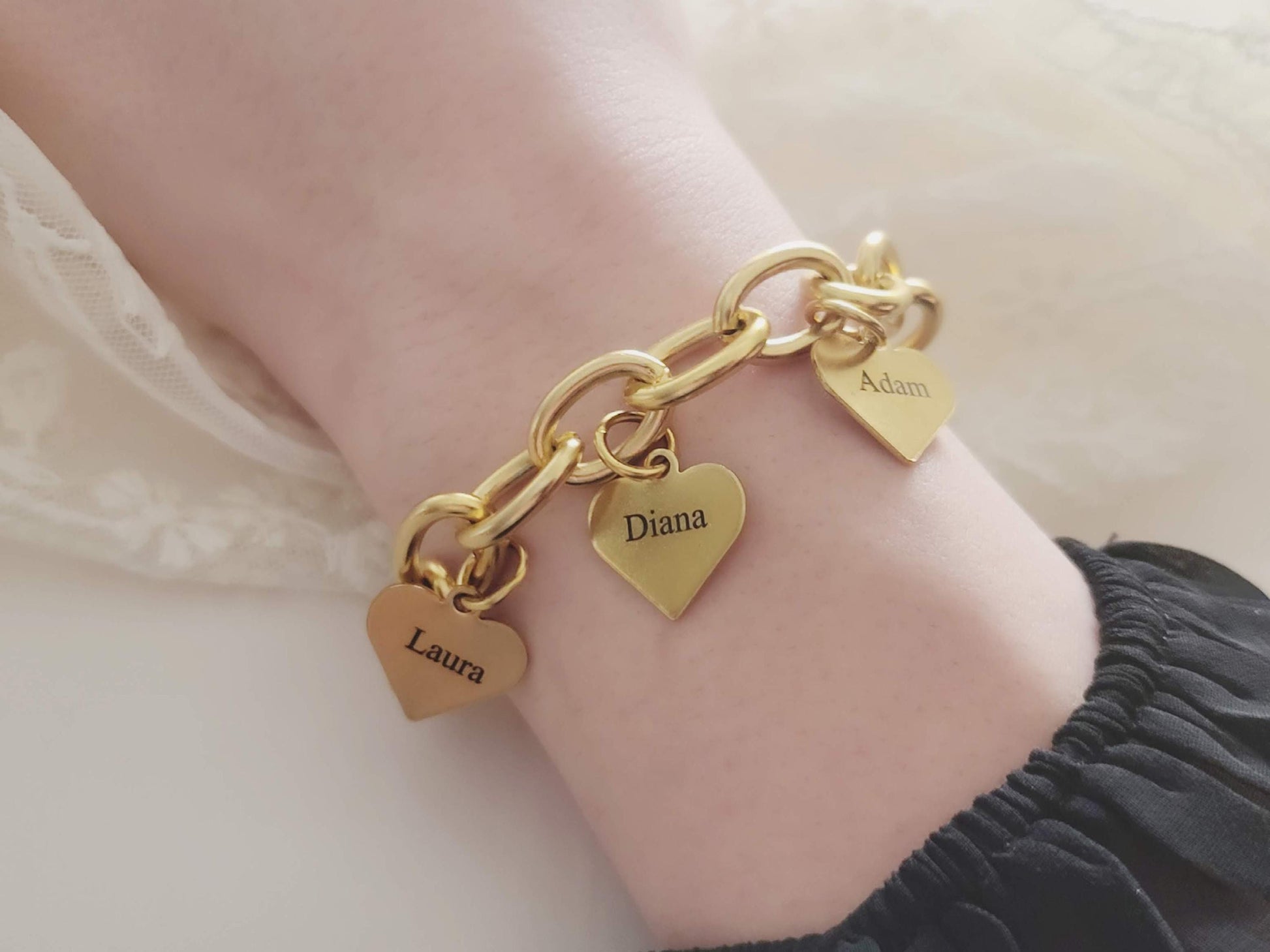 Gold FilIed Name Bracelet, Custom Family Charm Bracelet, Non Tarnish Toggle Claps Chain Bracelet, WATERPROOF.