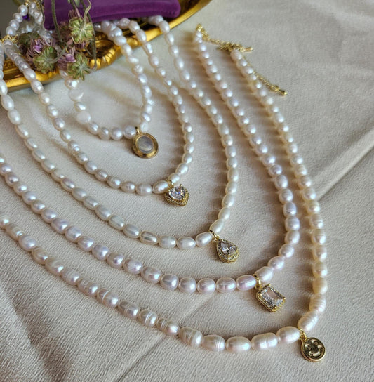 Gold Filled Freshwater Pearl Necklace, Heart , Rectangle , Round, Drop Pendant . Waterproof.