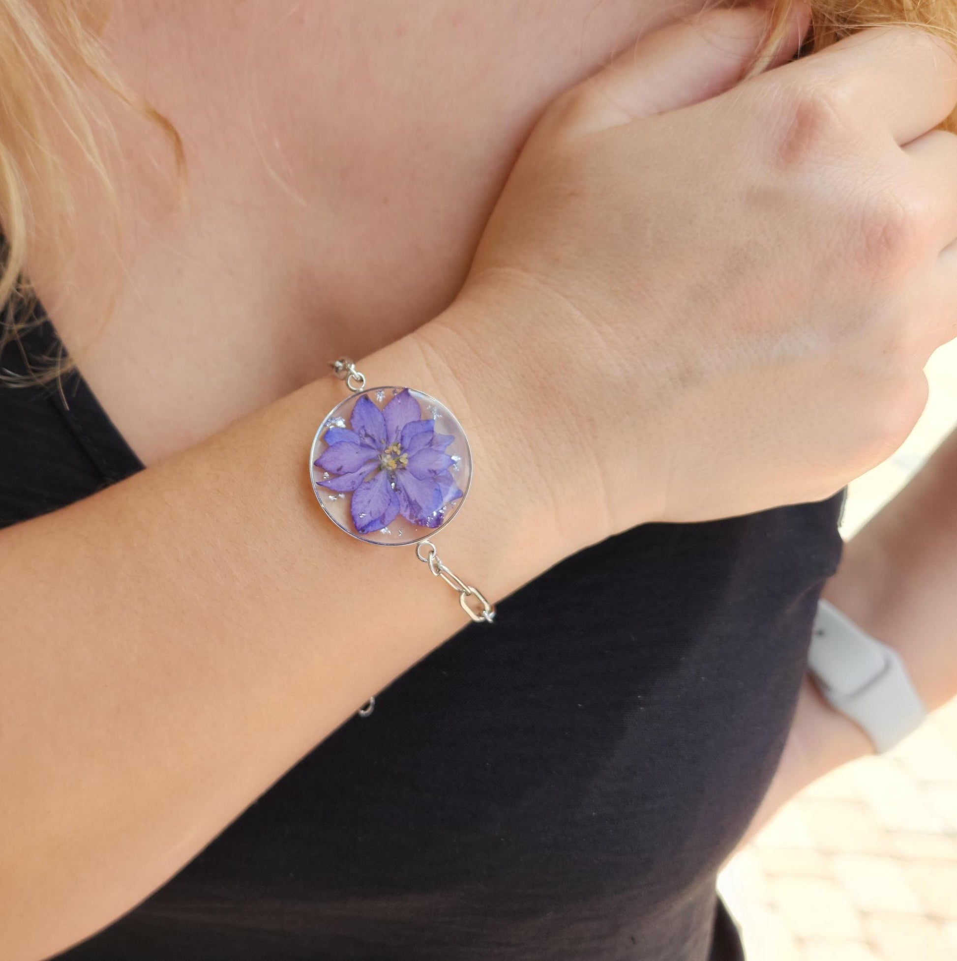 Gold -Silver Real Dried Birth Month Flower Bracelet, Memorial Christmas Gift , Birthday Gift.