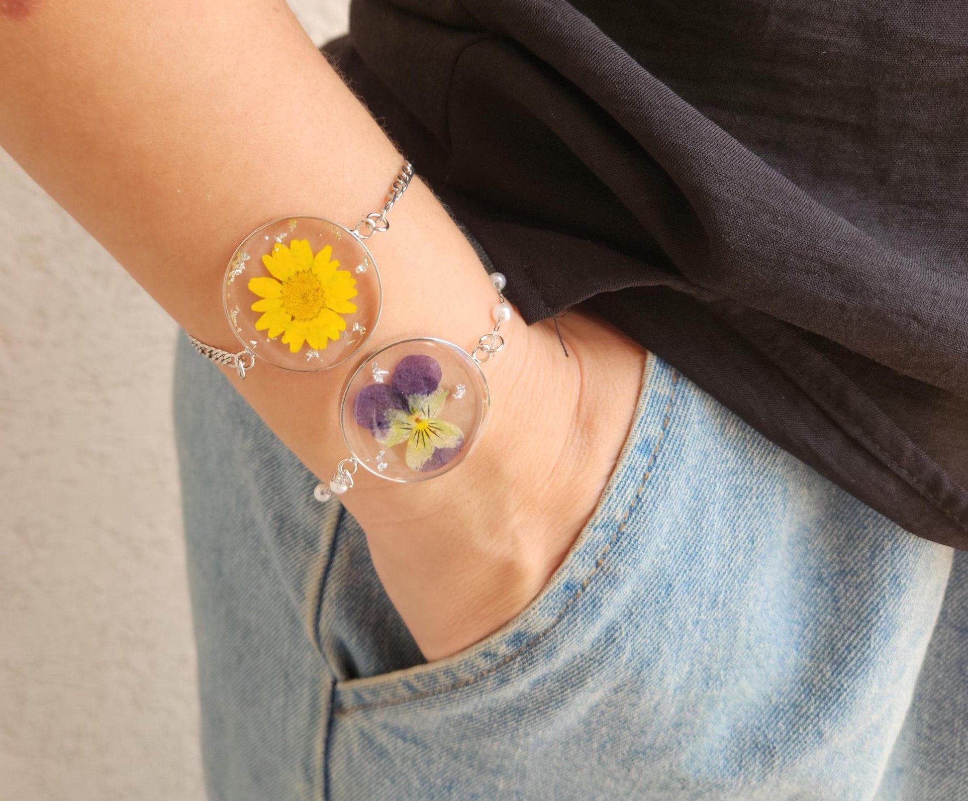Gold -Silver Real Dried Birth Month Flower Bracelet, Memorial Christmas Gift , Birthday Gift.