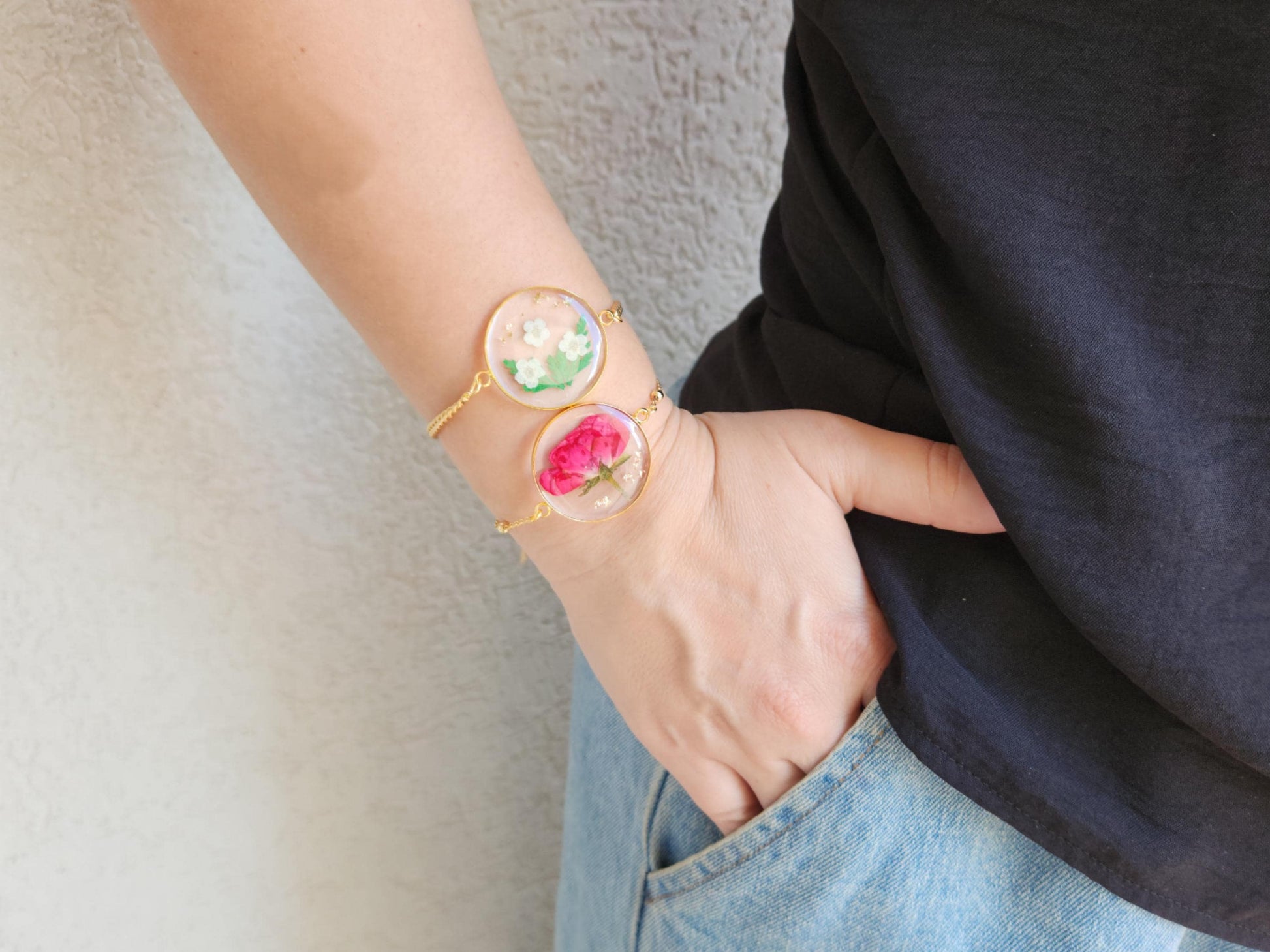 Gold -Silver Real Dried Birth Month Flower Bracelet, Memorial Christmas Gift , Birthday Gift.