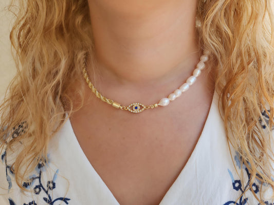 Evil Eye Necklace, Half Pearl Half Rope Necklace, Evil Eye Jewelry, Evil Eye Connector, Mother's Day Gift.