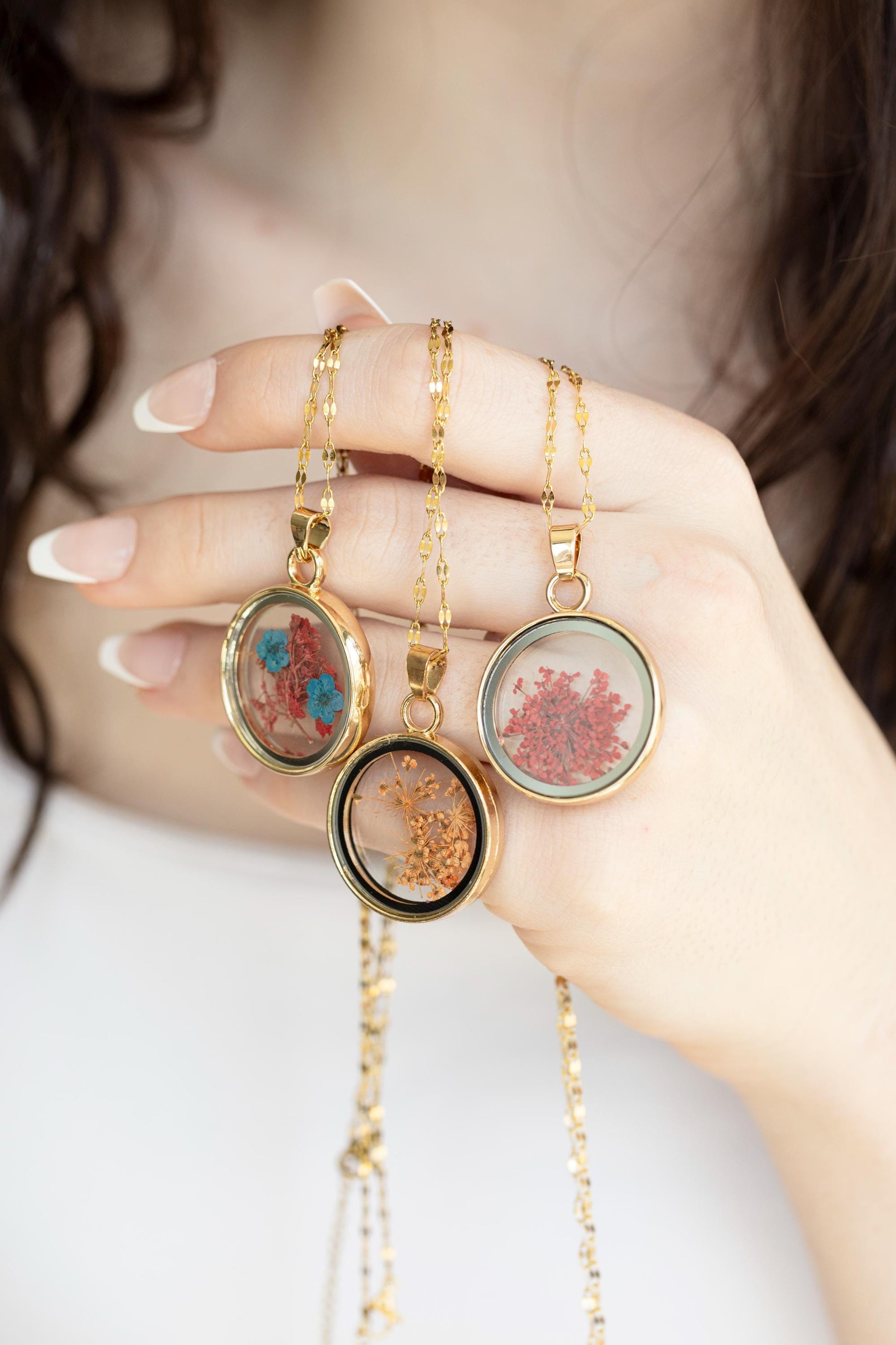 Gold Real Dried Flower Necklace, Birthday Gift.