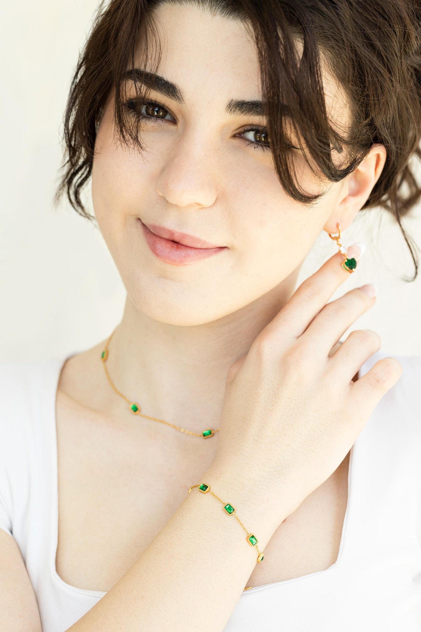Gold Filled Emerald Necklace and Bracelet , Waterproof , High Quality.