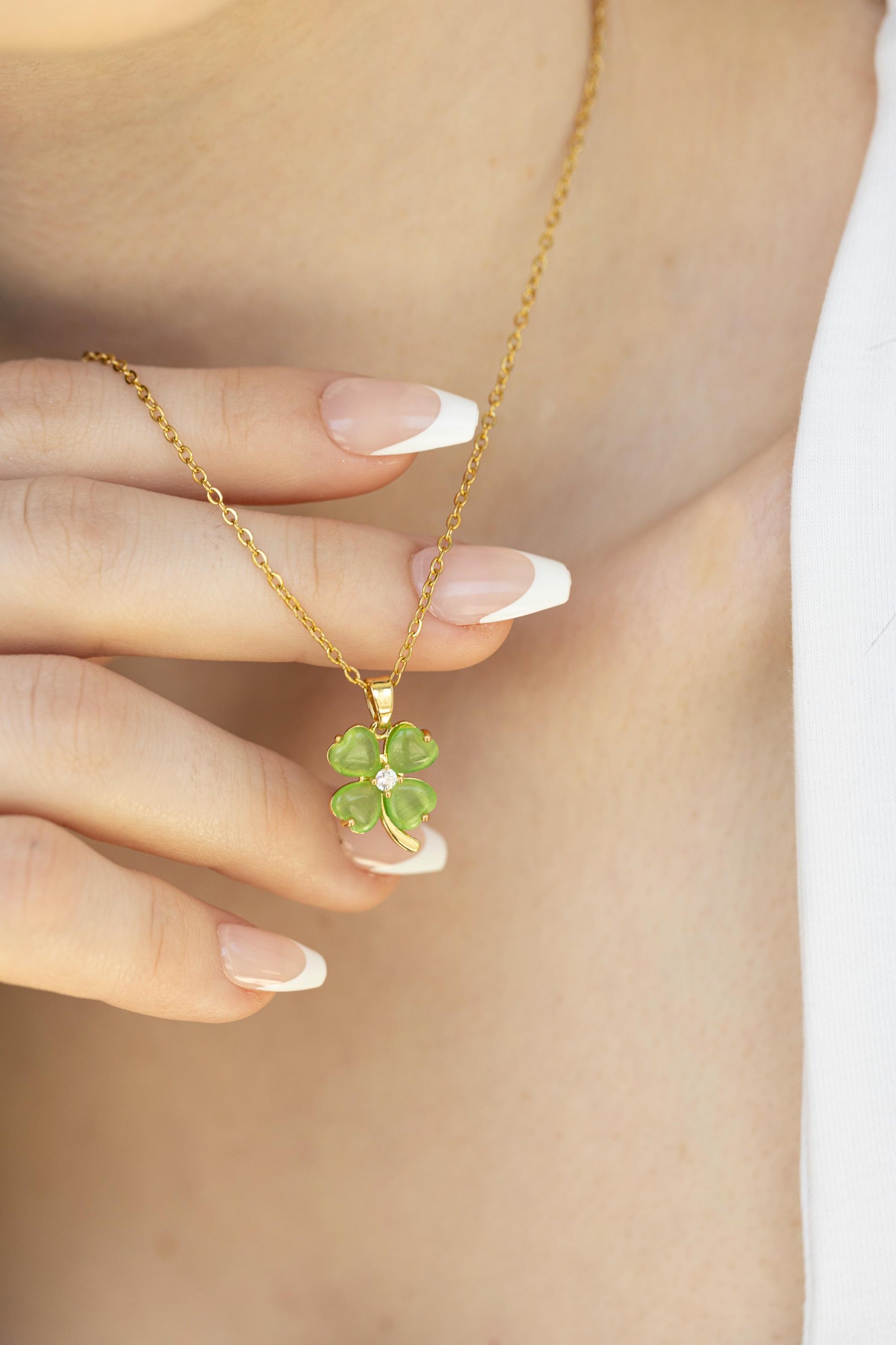 Gold Filled Clover Natural Jade Necklace, WATERPROOF Adjustable Chains.