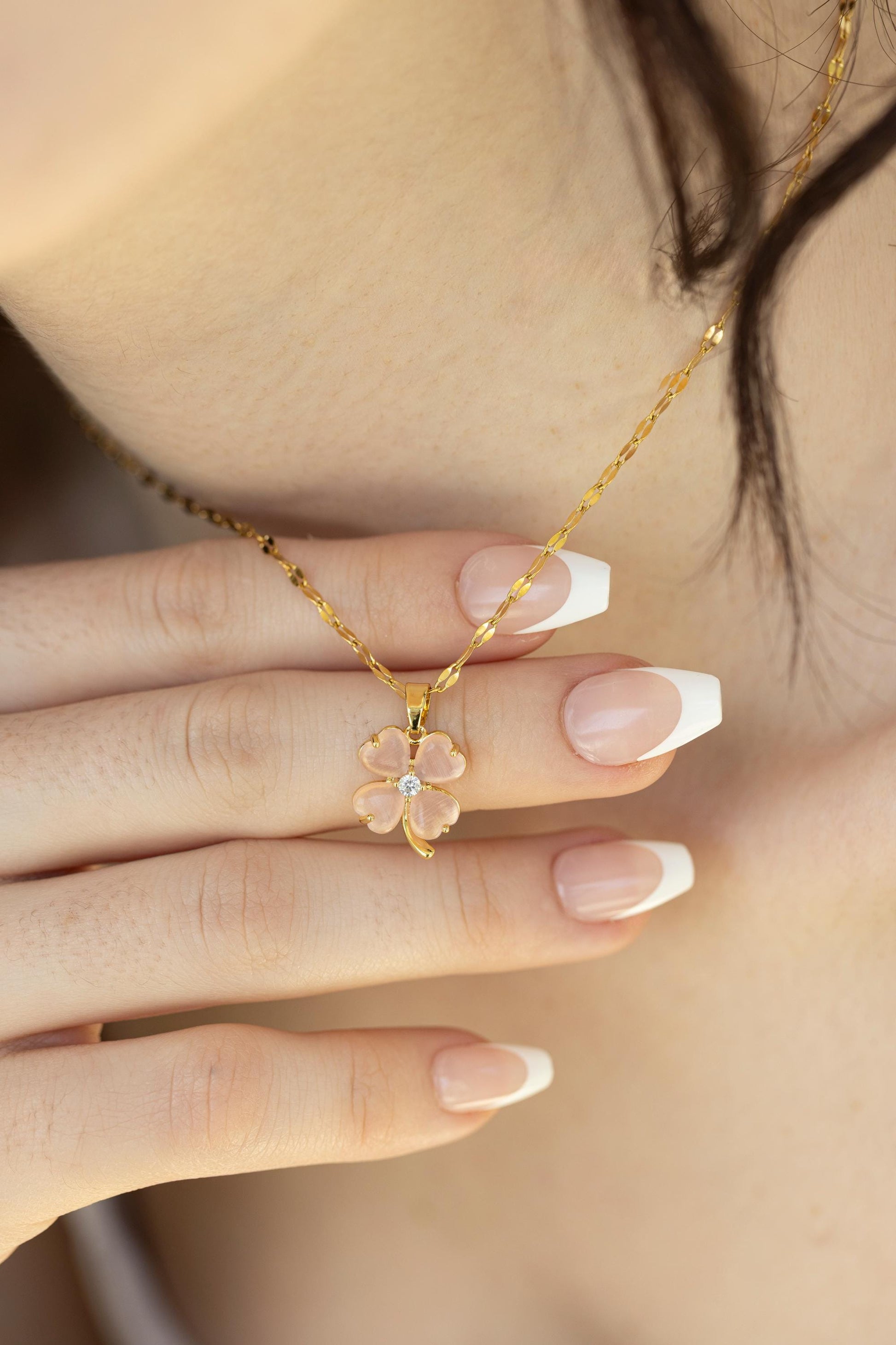Gold Filled Clover Natural Jade Necklace, WATERPROOF Adjustable Chains.
