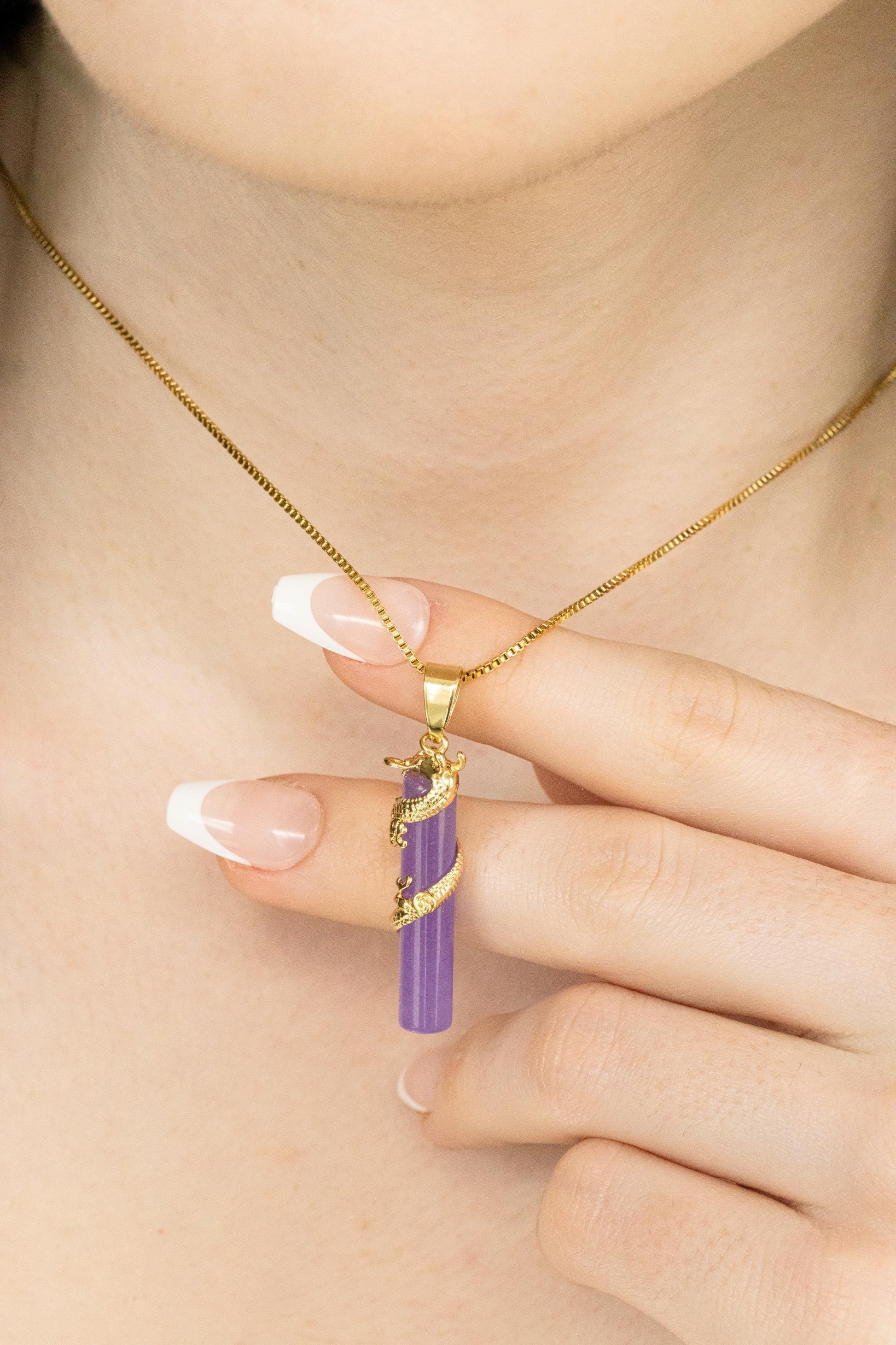 Purple Jade Necklace, WATERPROOF Adjustable Chains.