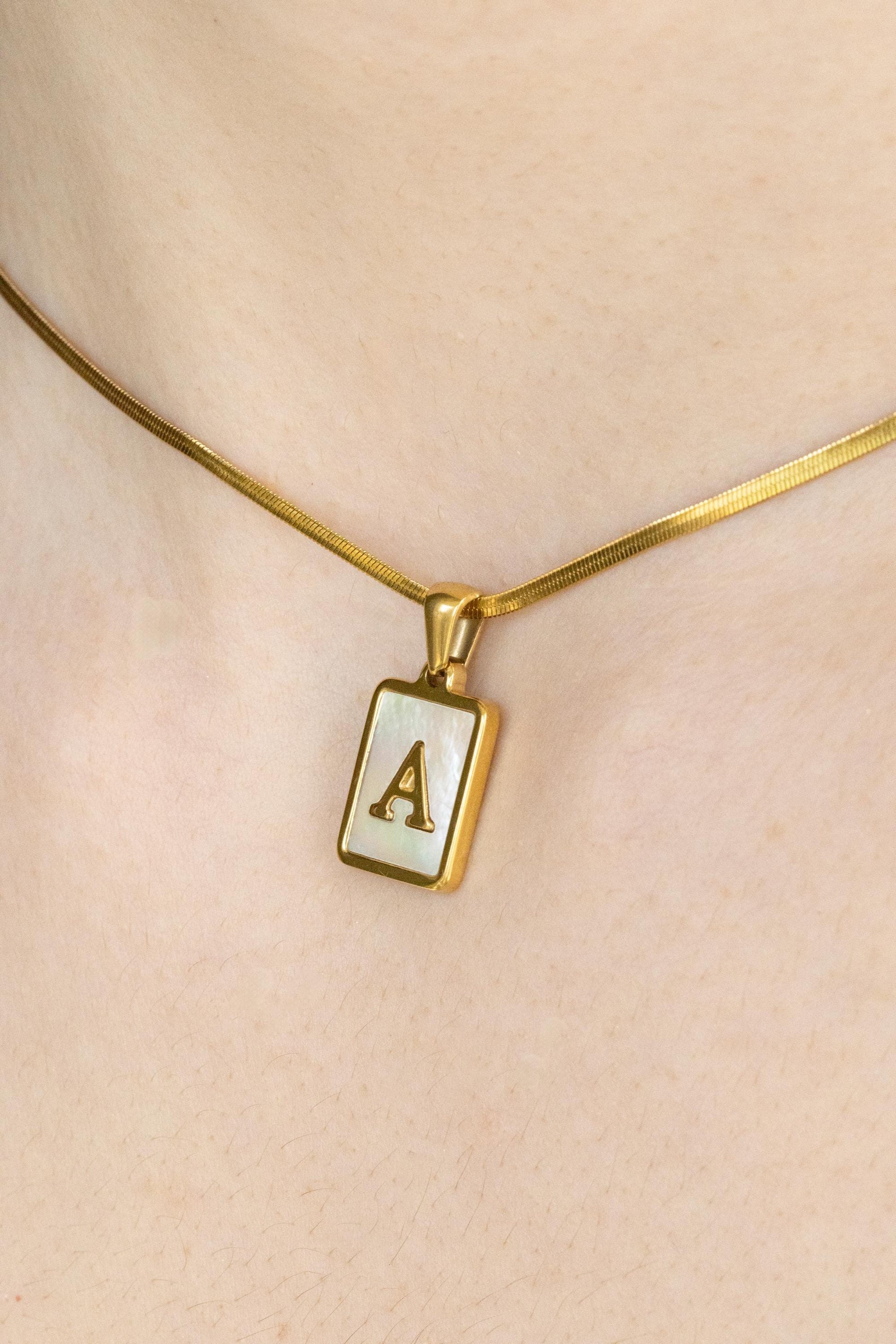 Gold Filled Mother of Pearl Initial Name Necklace, Birthday Gift.