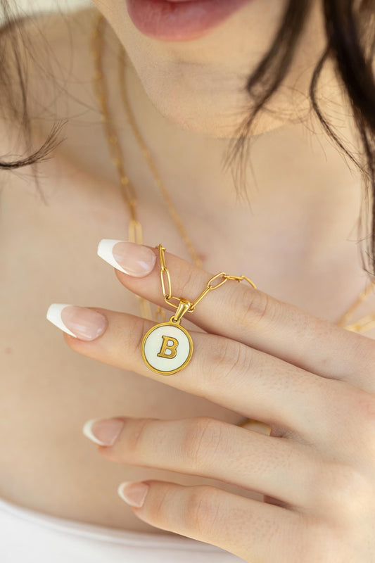 Gold Filled Mother of Pearl Round Initial Name Necklace, Birthday Gift.