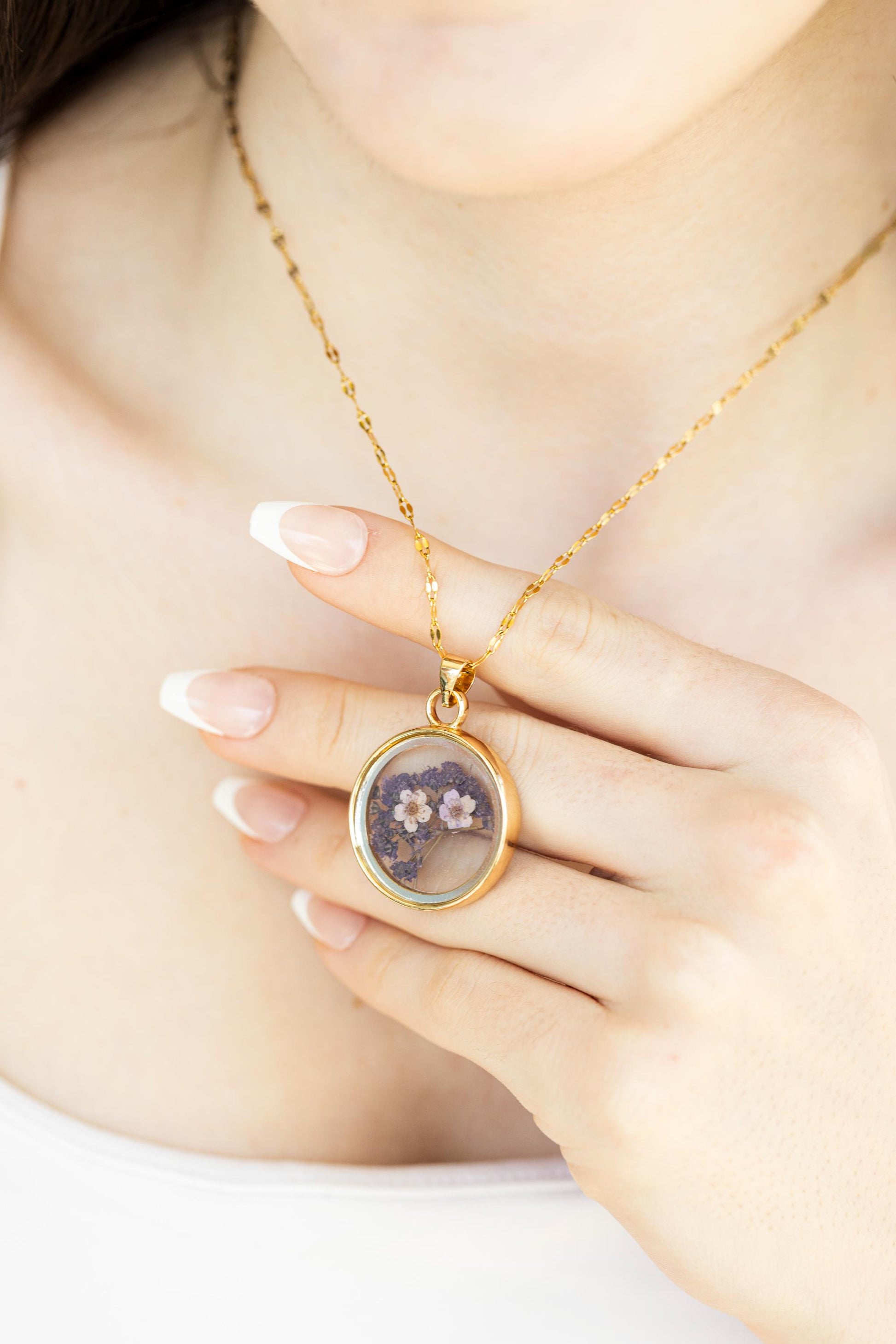 Gold Real Dried Flower Necklace, Birthday Gift.