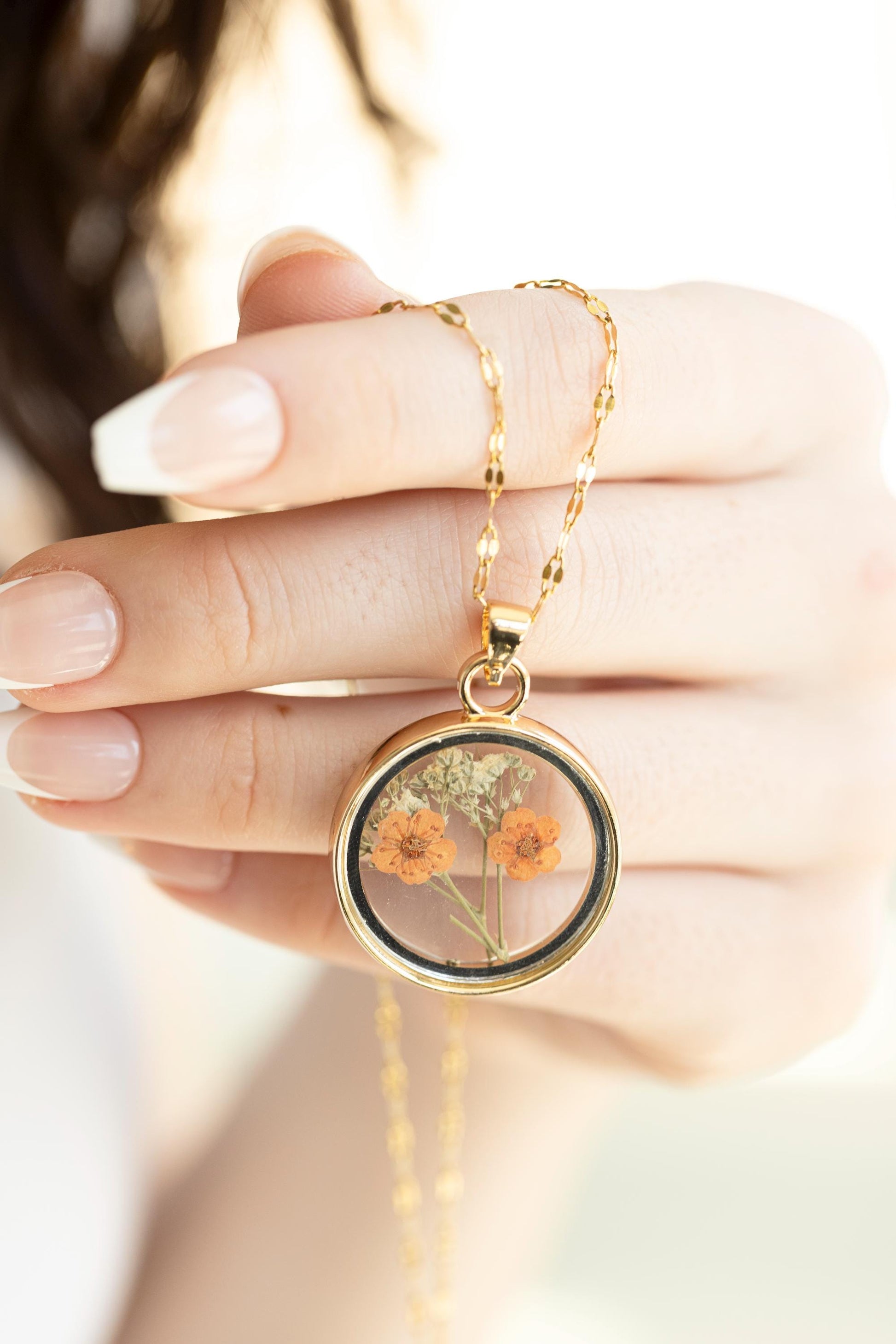 Gold Real Dried Flower Necklace, Birthday Gift.