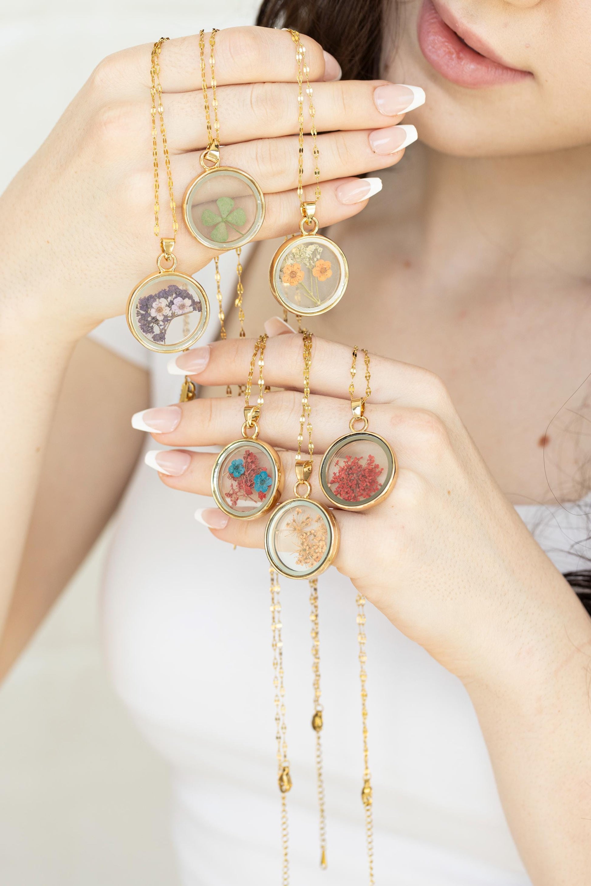 Gold Real Dried Flower Necklace, Birthday Gift.