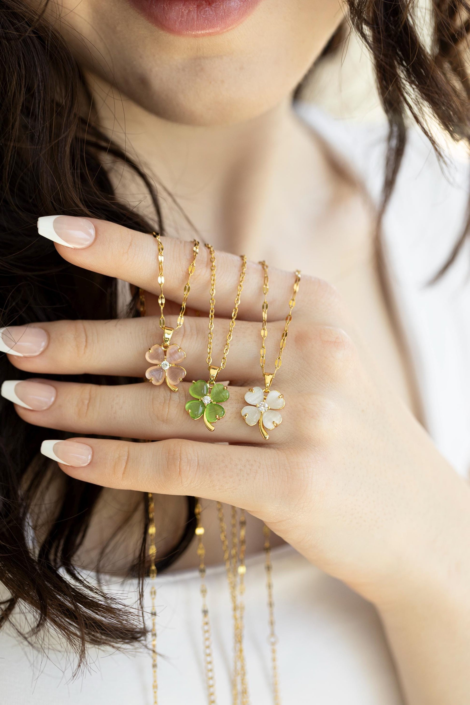Gold Filled Clover Natural Jade Necklace, WATERPROOF Adjustable Chains.
