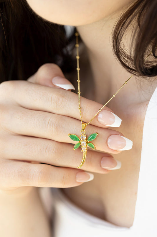 Silver-Gold Green Natural Dragonfly Jade Necklace, WATERPROOF Adjustable Chains.
