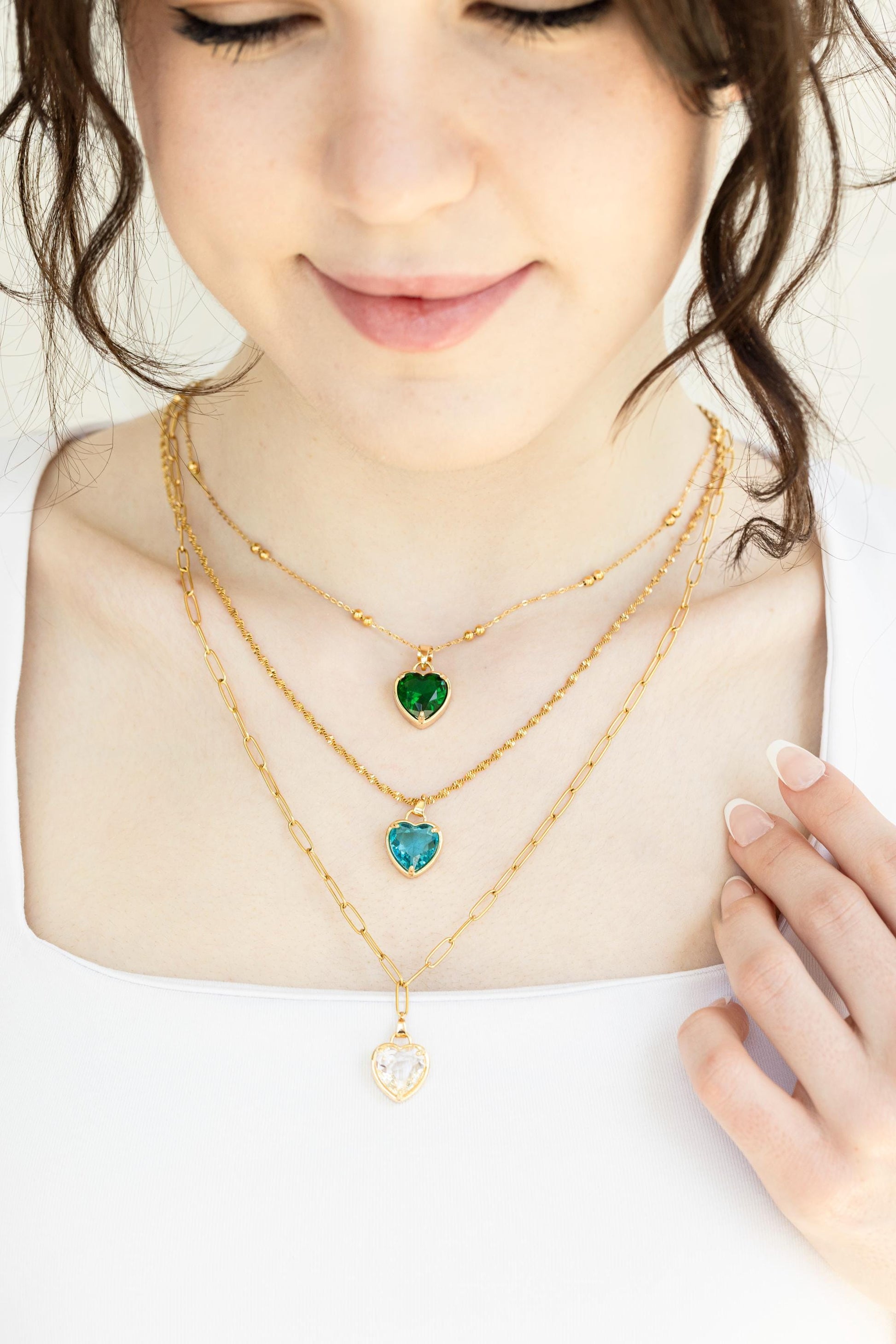Gold Heart Necklace ,Red, Blue, Green, White, Red Heart, WATERPROOF Adjustable Chains.
