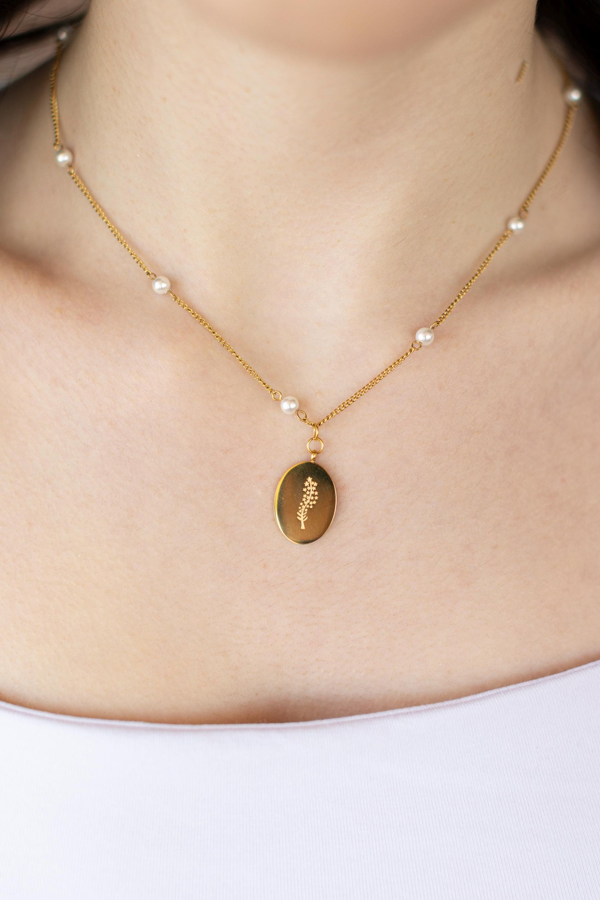 Gold Filled Custom Engraved Oval Birth Month Flower Necklace, WATERPROOF, Birthday Gift.