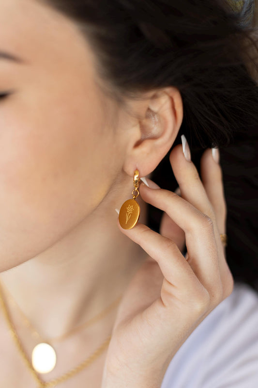 Gold Filled Oval Birth Flower Earrings ,WATERPROOF Engraved Disc Earring, Birth Month Flower Earring, Personalized Birthflower for Mom.