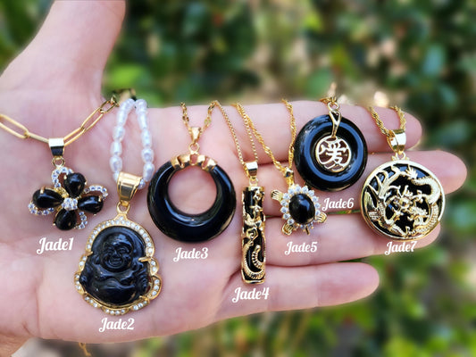 Gold Black Jade Necklace, WATERPROOF Custom Adjustable Chains.