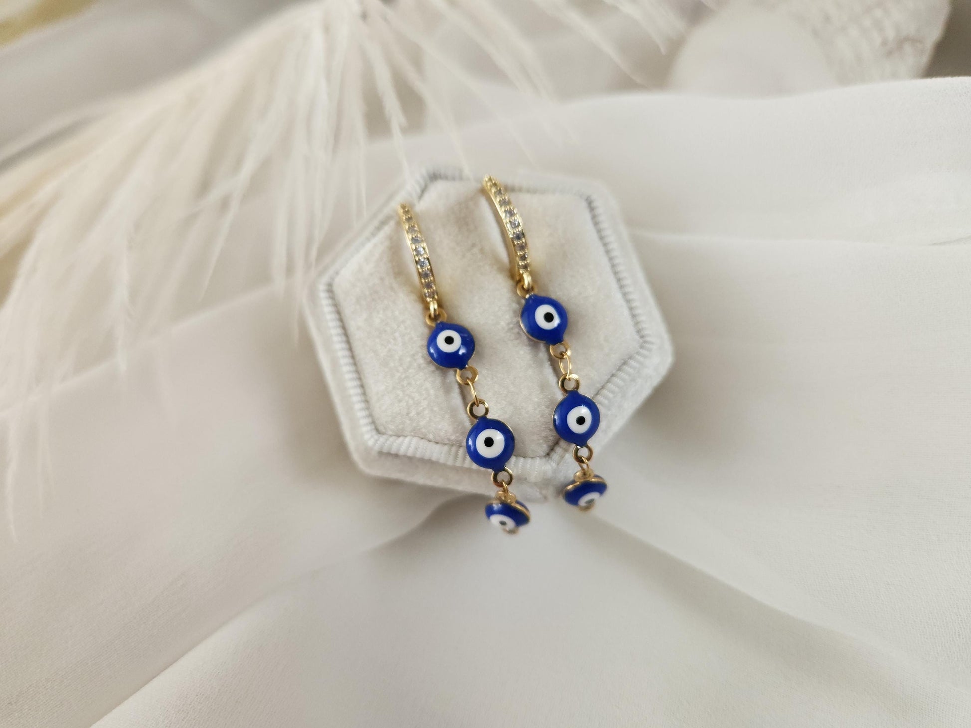 Gold Filled Evil Eye Earrings , WATERPROOF, Protection Jewelry, Good Luck Charm, Sapphire Evil Eye Choker, Lucky Eye Necklace.