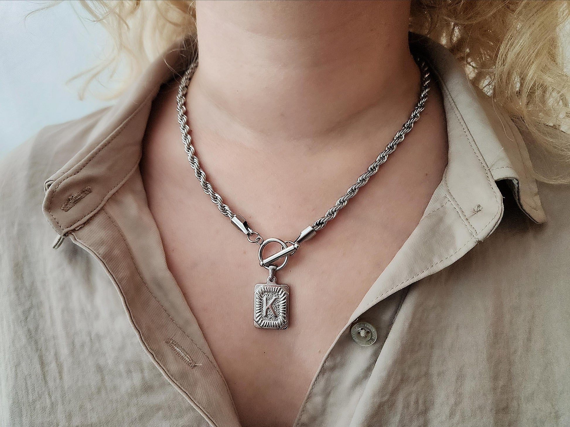 Silver-Gold Square Initial Necklace with Toggle Clasp,WATERPROOF, Custom Gift.
