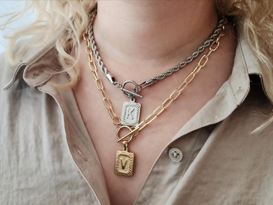 Silver-Gold Square Initial Necklace with Toggle Clasp,WATERPROOF, Custom Gift.