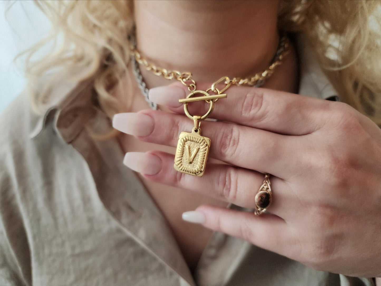 Silver-Gold Square Initial Necklace with Toggle Clasp,WATERPROOF, Custom Gift.