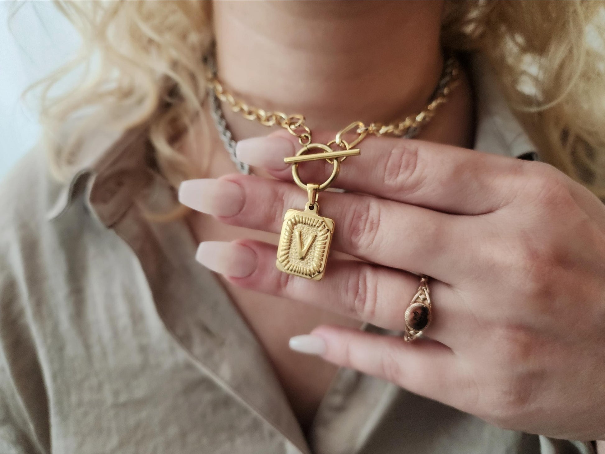 Silver-Gold Square Initial Necklace with Toggle Clasp,WATERPROOF, Custom Gift.